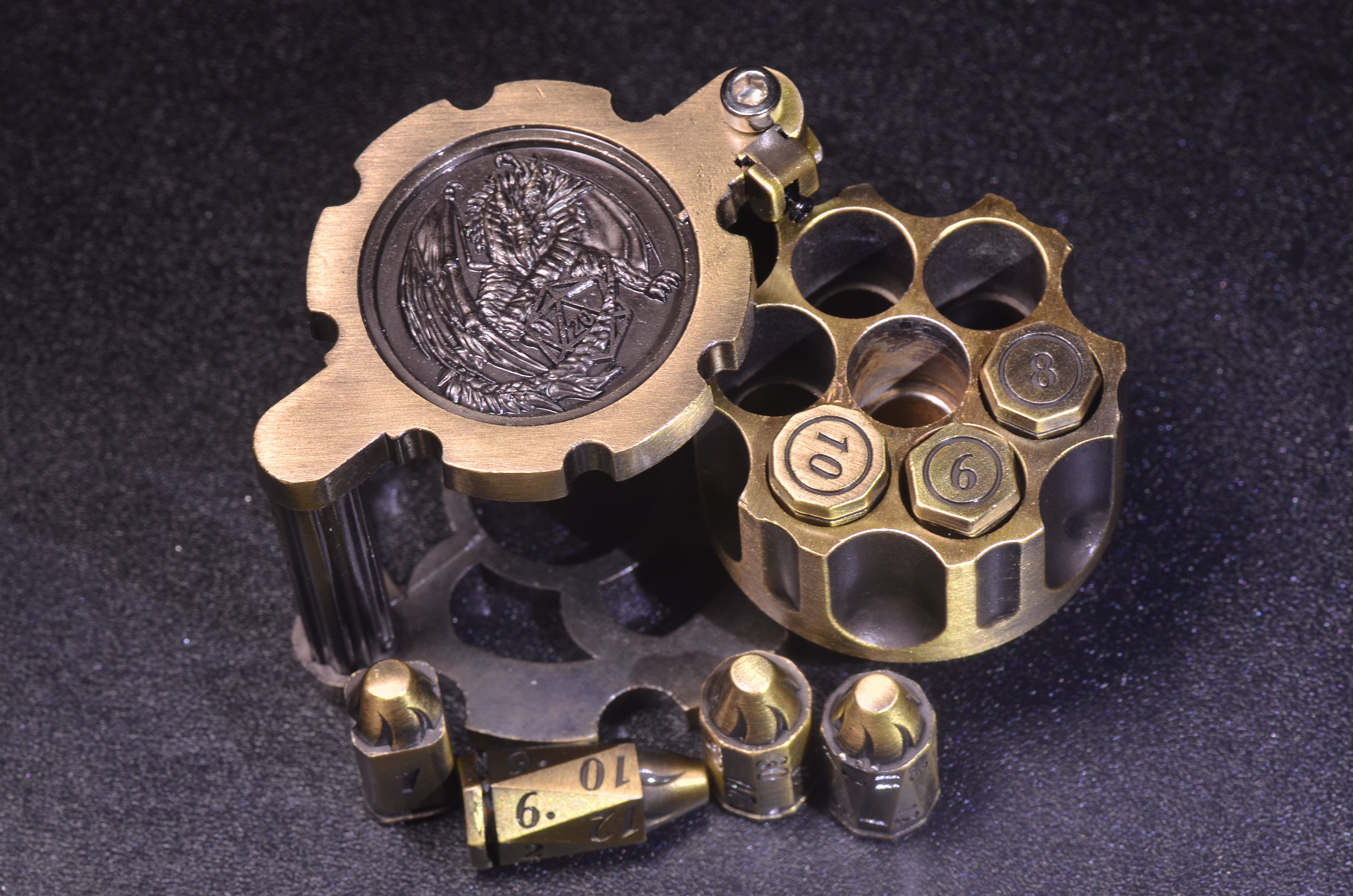 Revolver Bullet Dice Set | Weighted Metal DND Dice with Cylinder Case | Perfect for Gunslingers