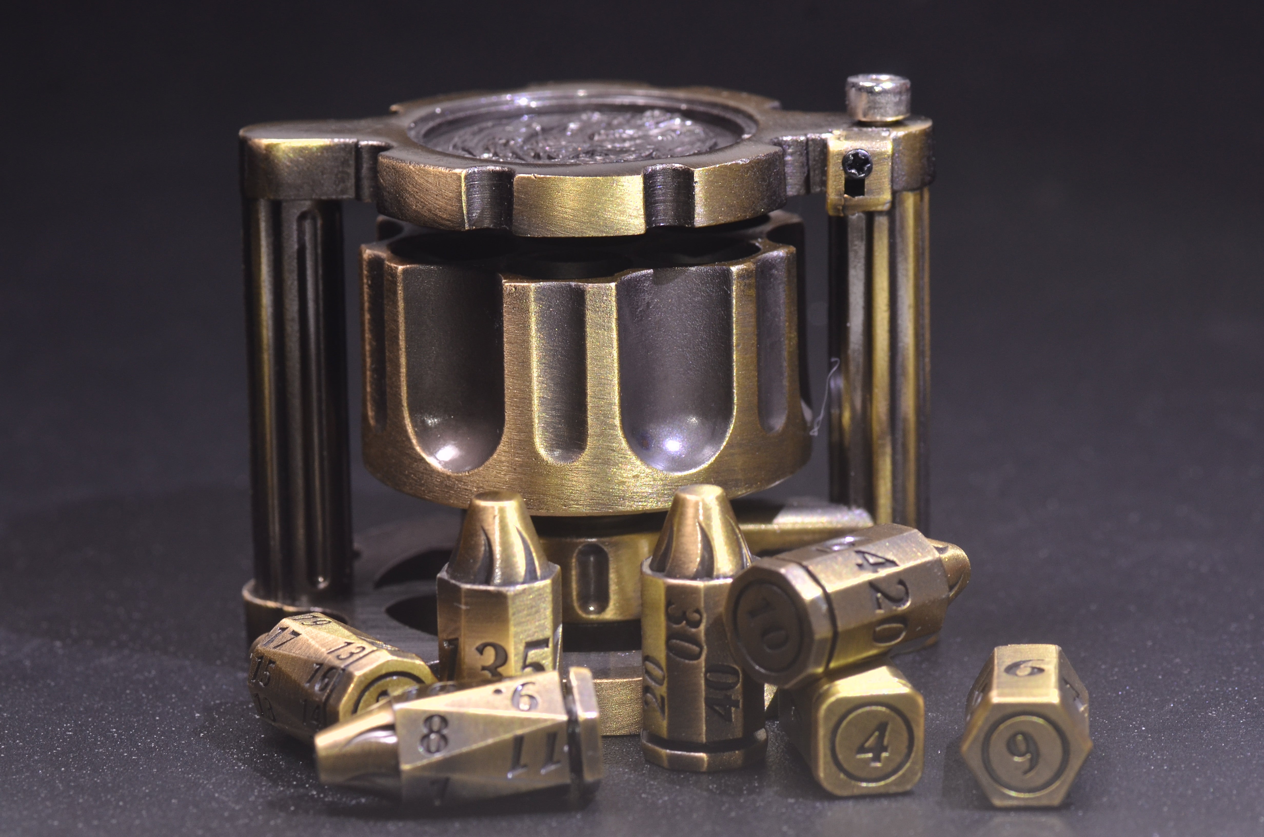 Revolver Bullet Dice Set | Weighted Metal DND Dice with Cylinder Case | Perfect for Gunslingers