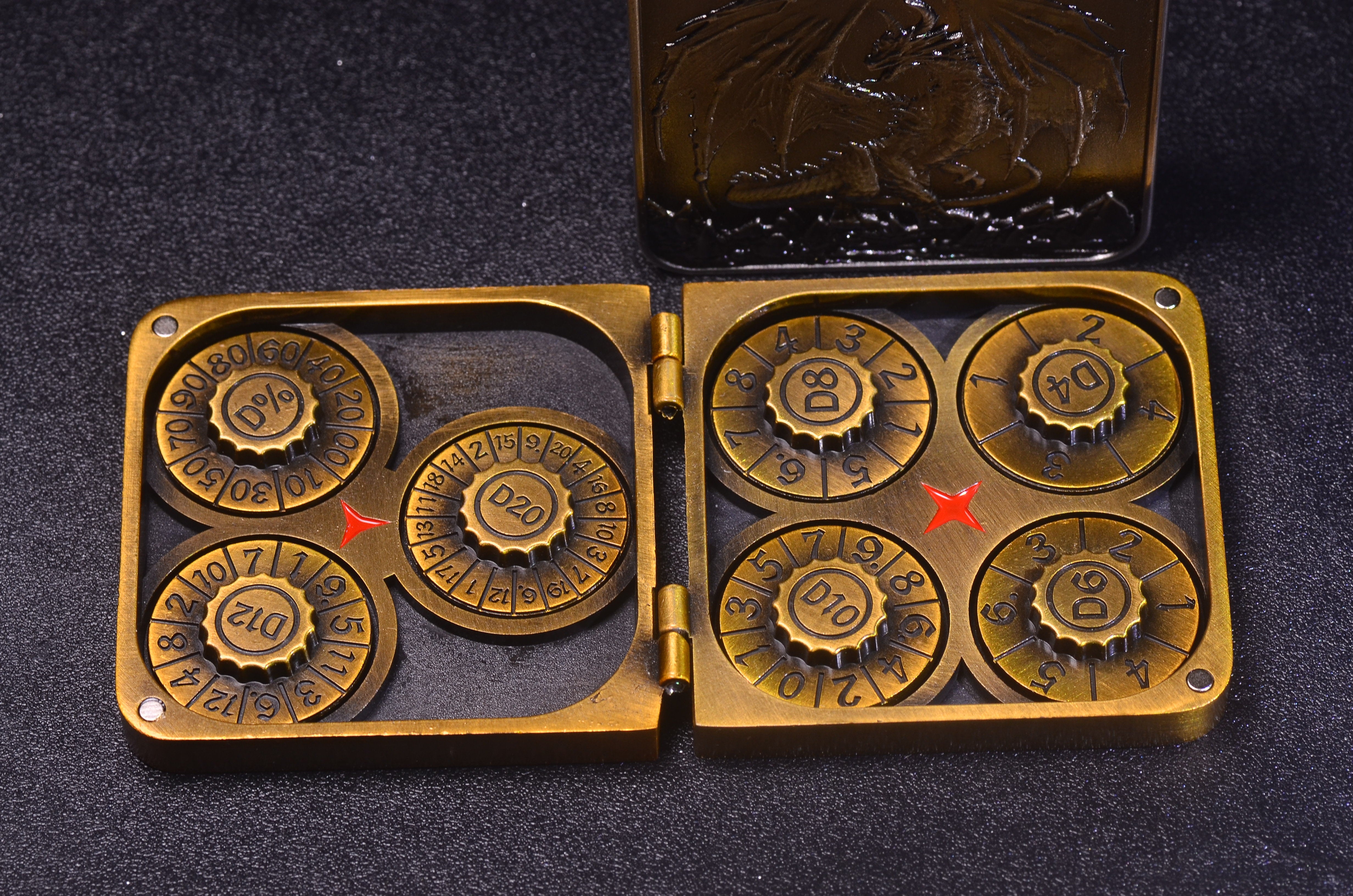 Pocket Spin Dice Box – 7-in-1 Rotating Wheel DND Dice, Compact Folding Case with Leather Pouch