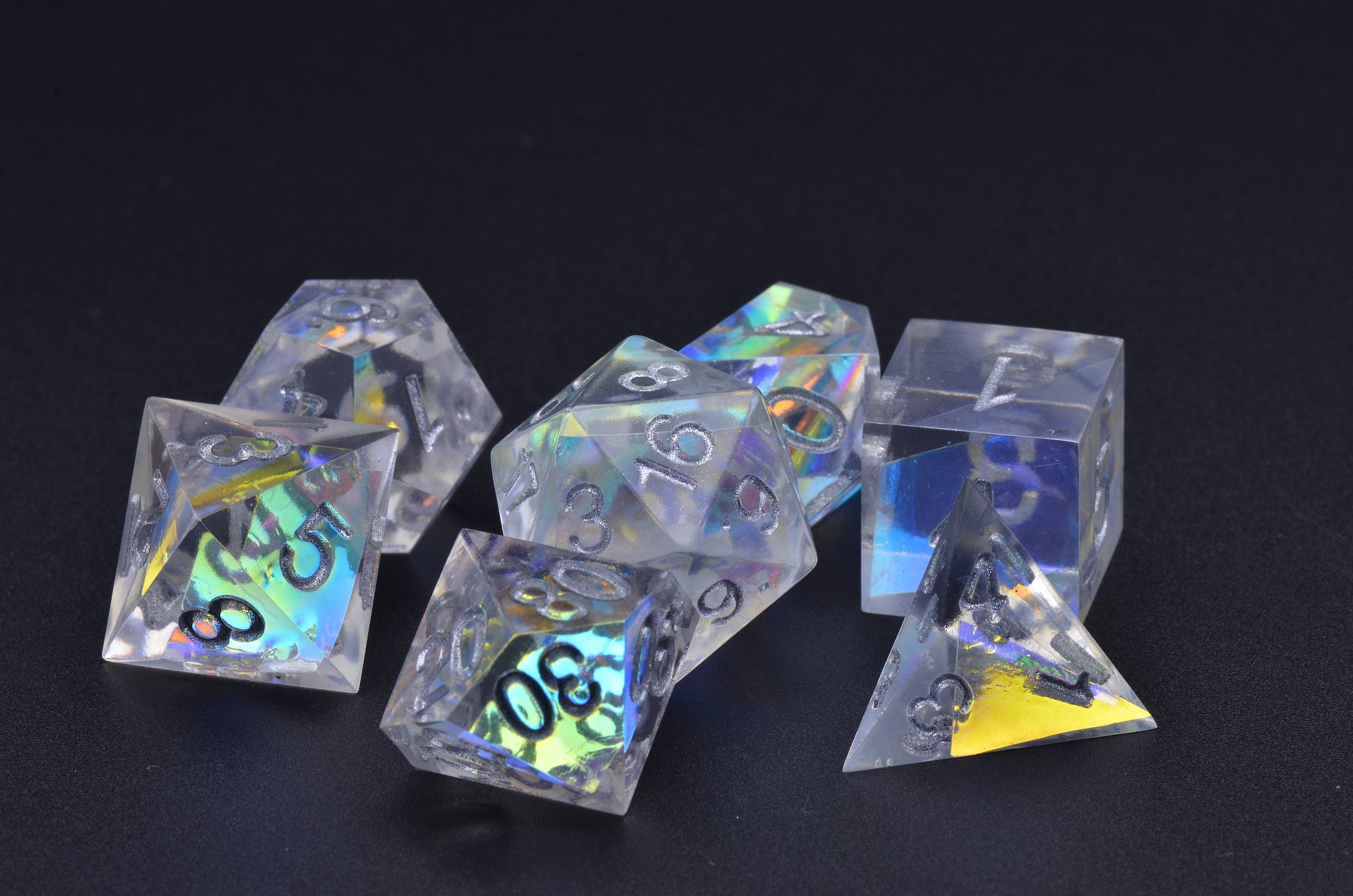 Laser Illusions DND dice set | Rainbow silver dice set | holograph Sharp edge resin dice | Gold foiol dnd dice set