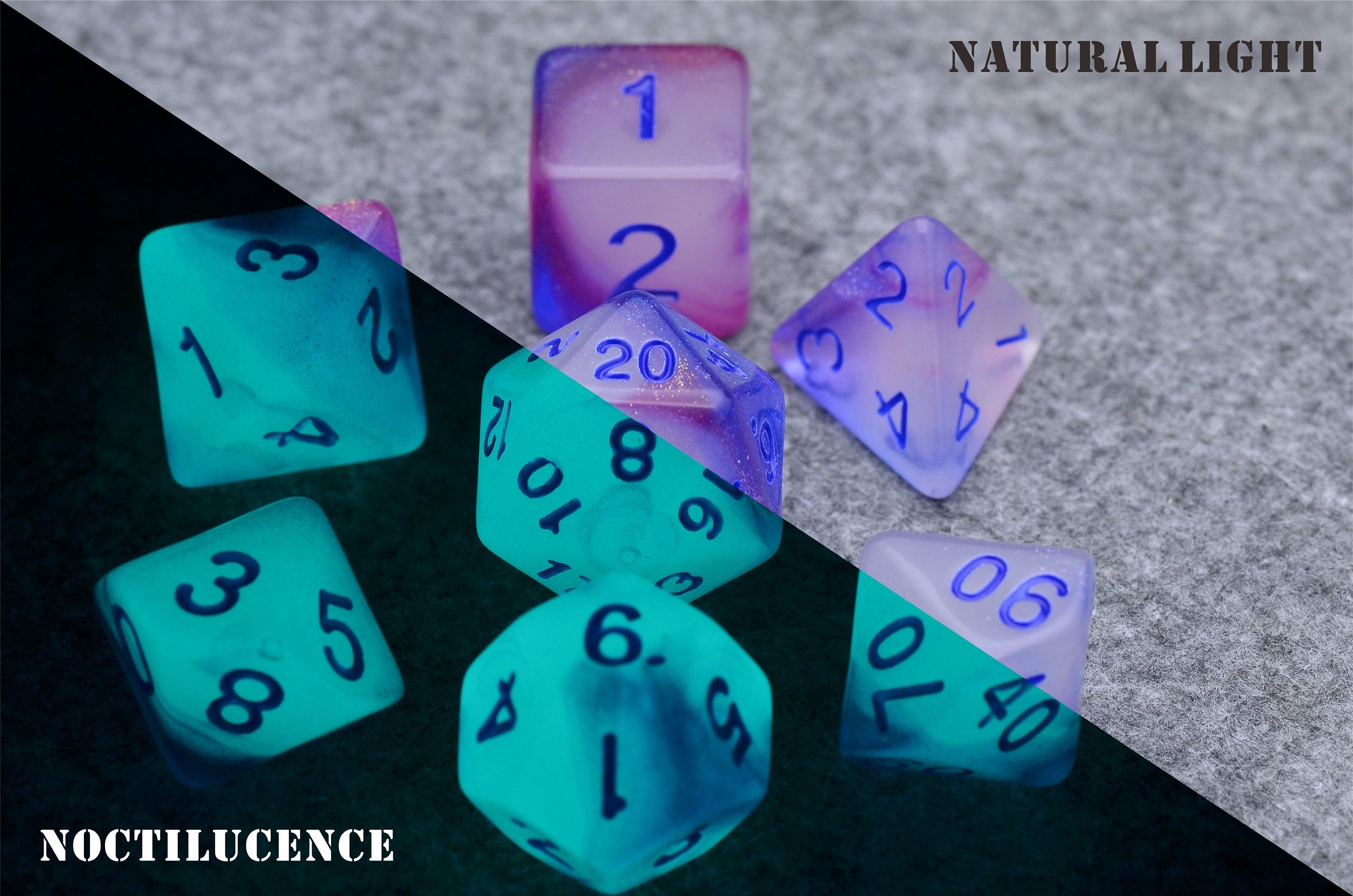 Starry night light dice | Glow In The Dark dice |Noctilucent D&D dice set | Purple blue dice set for Dragons and dungeons