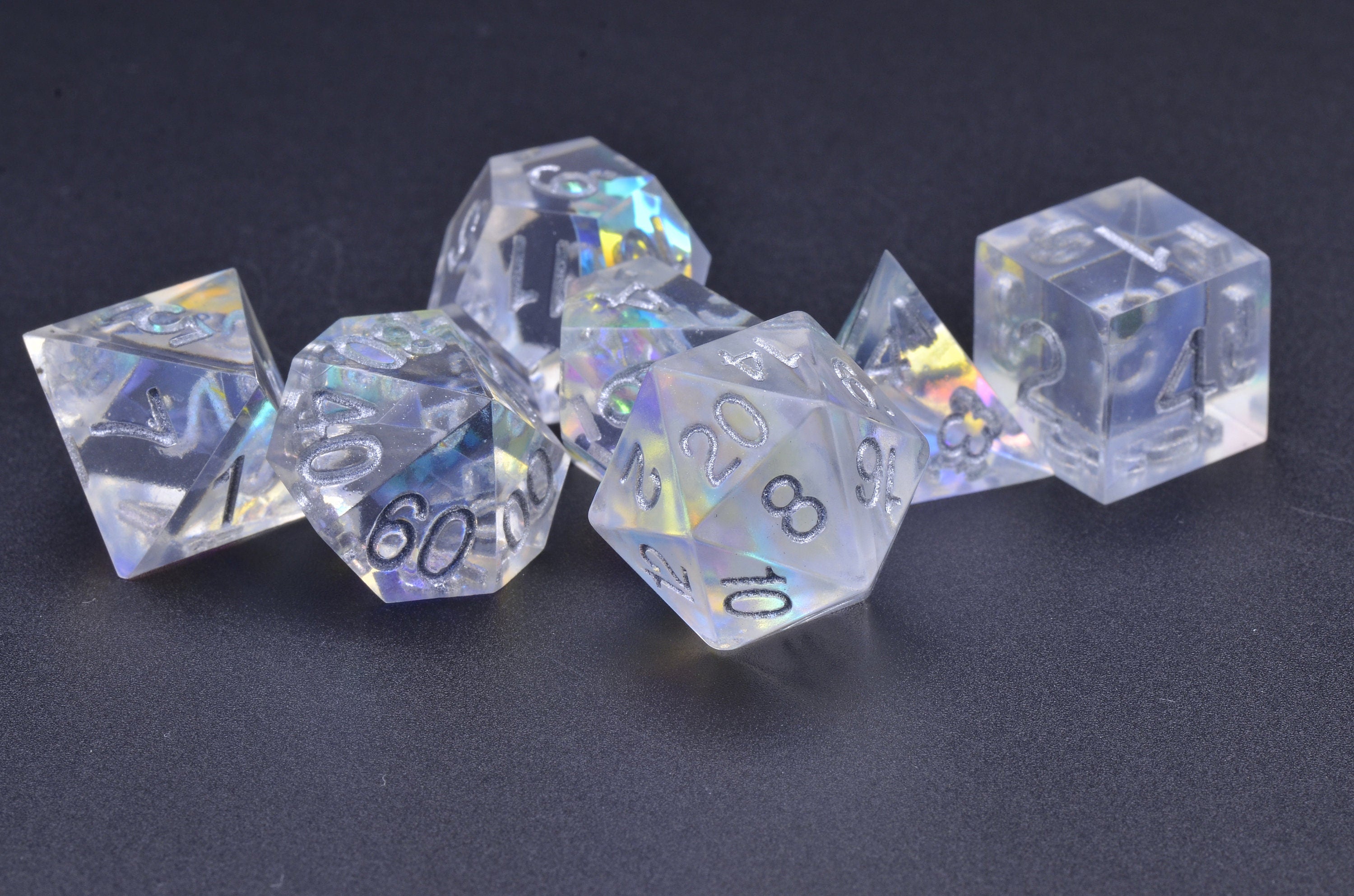 Laser Illusions DND dice set | Rainbow silver dice set | holograph Sharp edge resin dice | Gold foiol dnd dice set