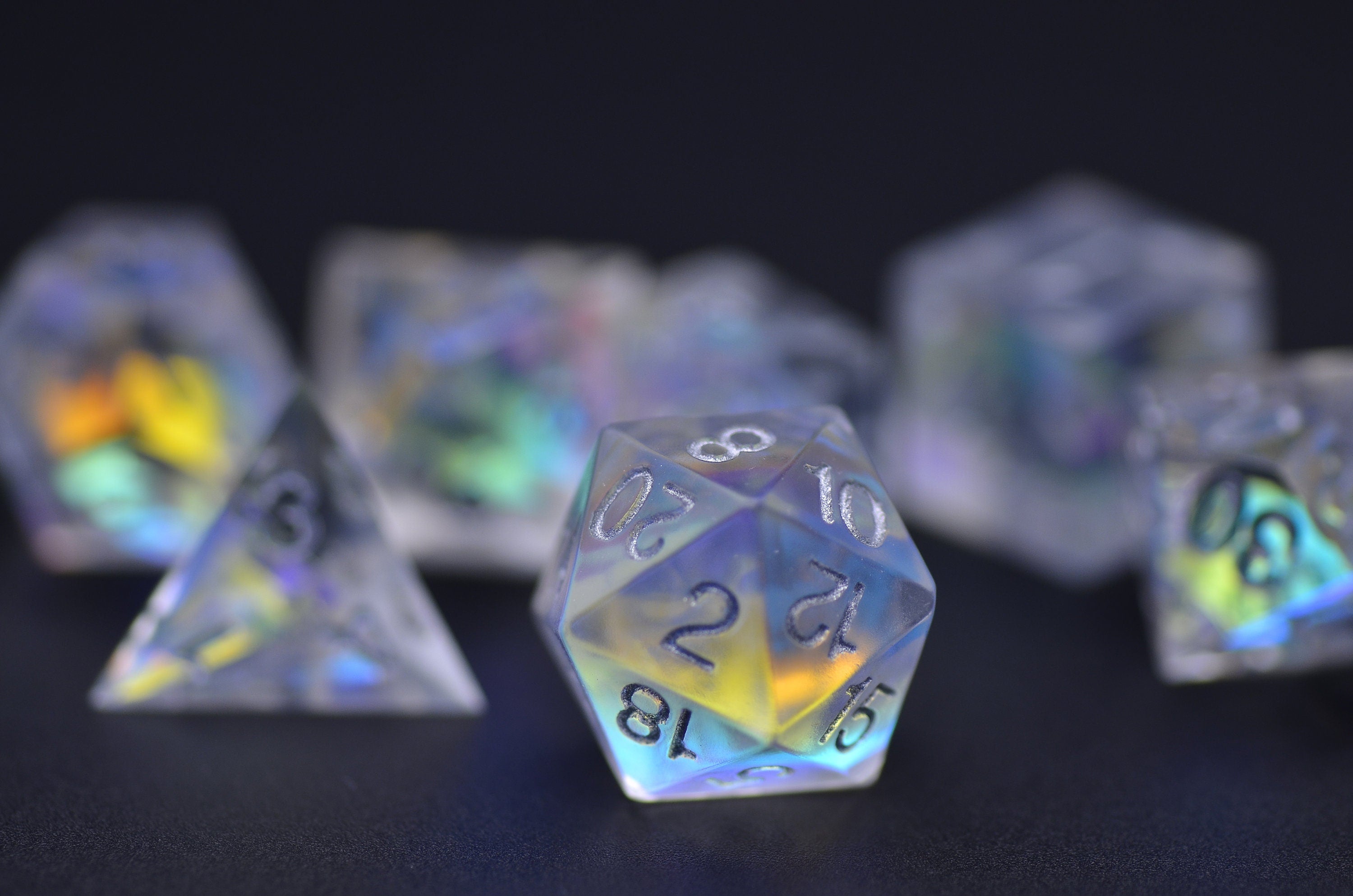 Laser Illusions DND dice set | Rainbow silver dice set | holograph Sharp edge resin dice | Gold foiol dnd dice set