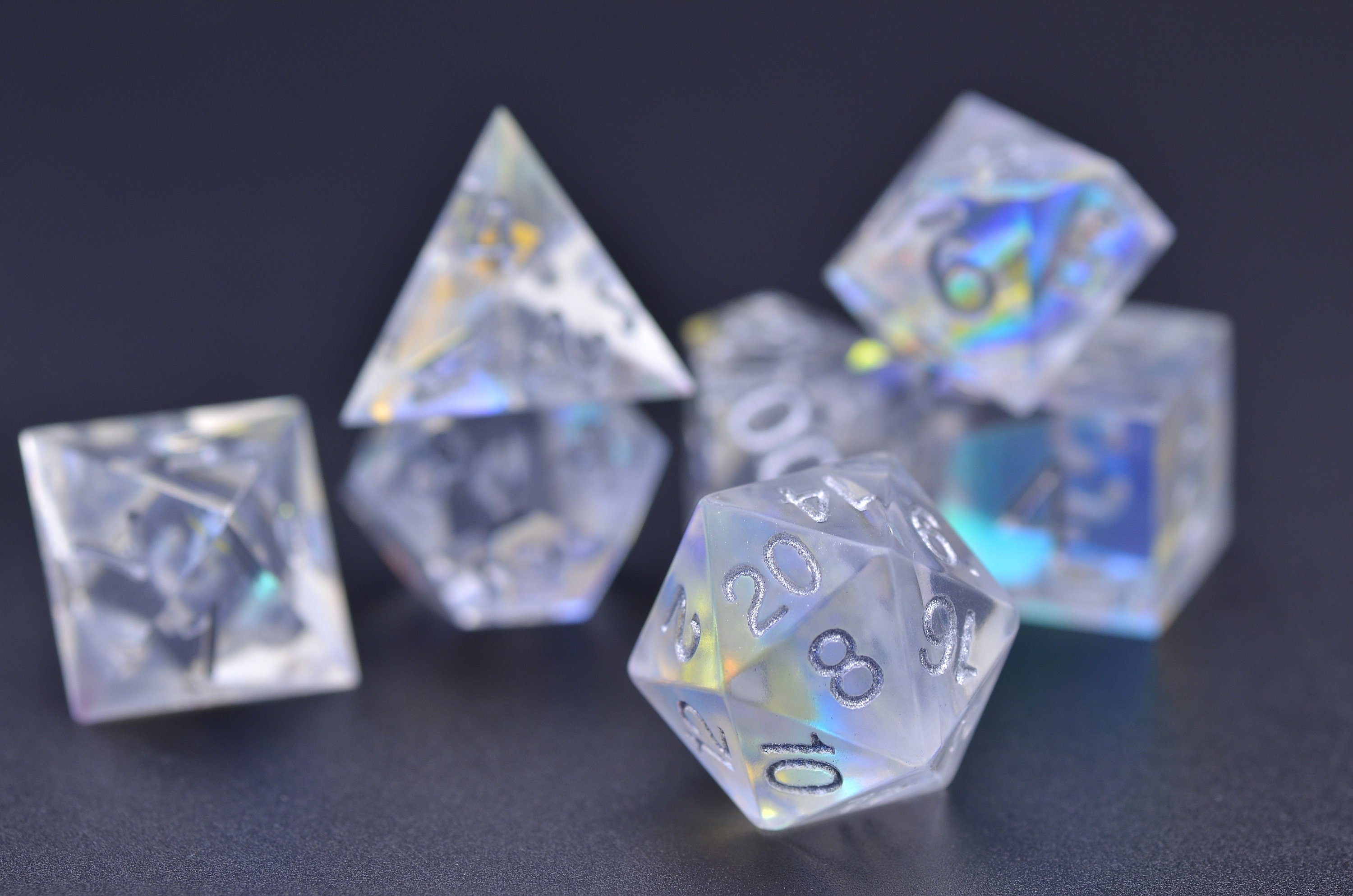 Laser Illusions DND dice set | Rainbow silver dice set | holograph Sharp edge resin dice | Gold foiol dnd dice set