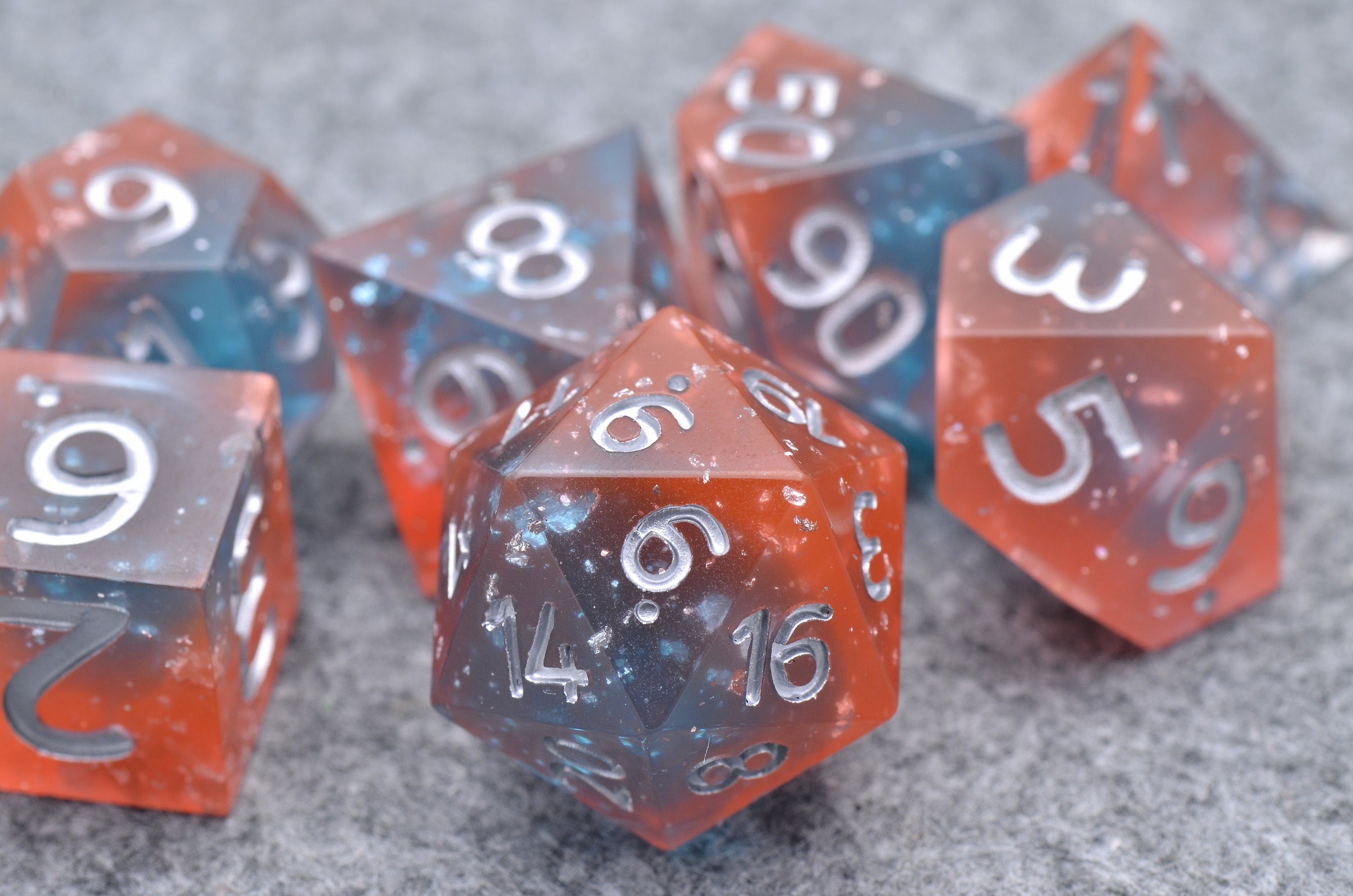 Orange Water Galactic Dreamland Dice Set | Handmade Resin Translucent Dice with Sharp Edges