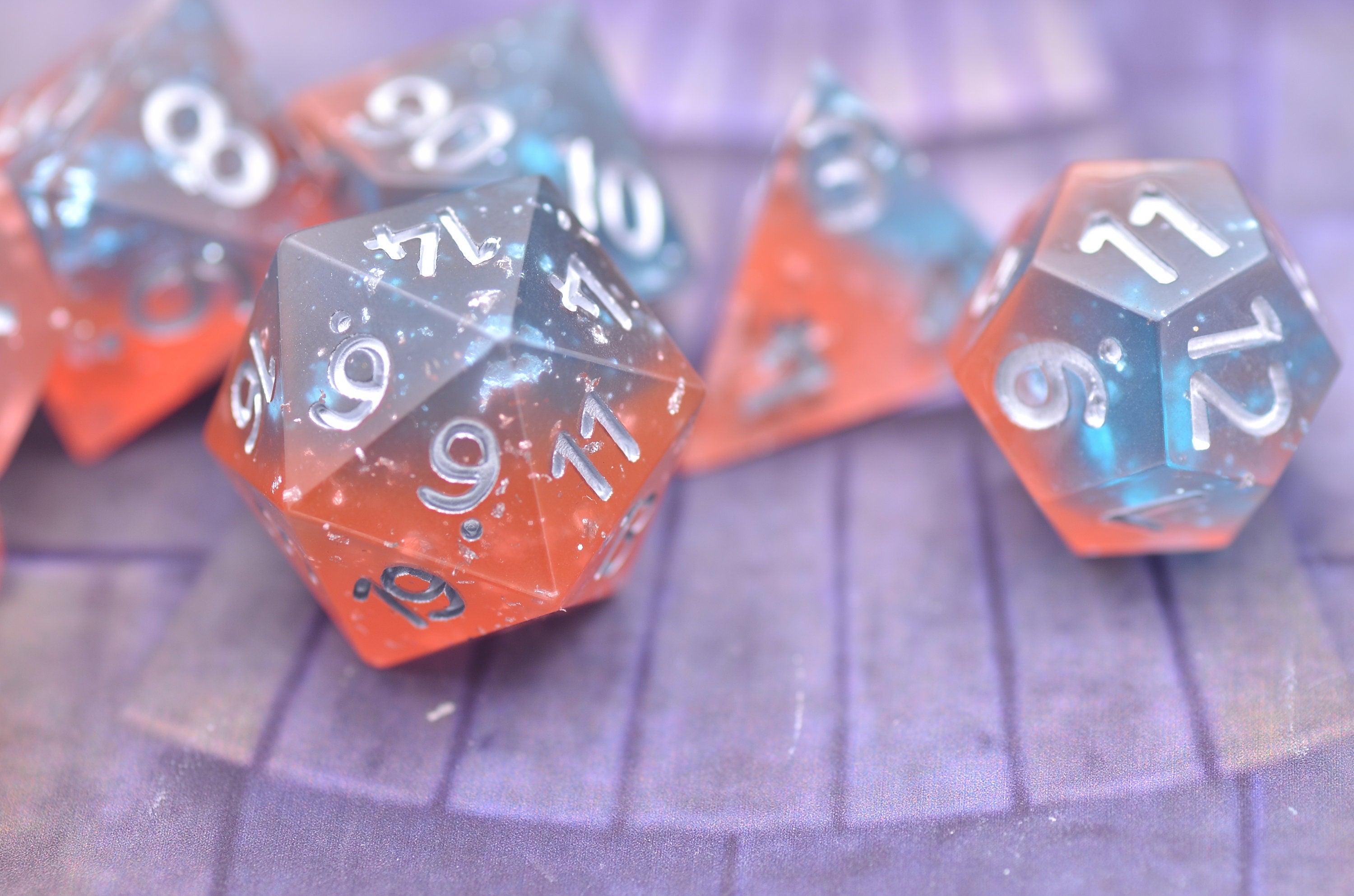 Orange Water Galactic Dreamland Dice Set | Handmade Resin Translucent Dice with Sharp Edges