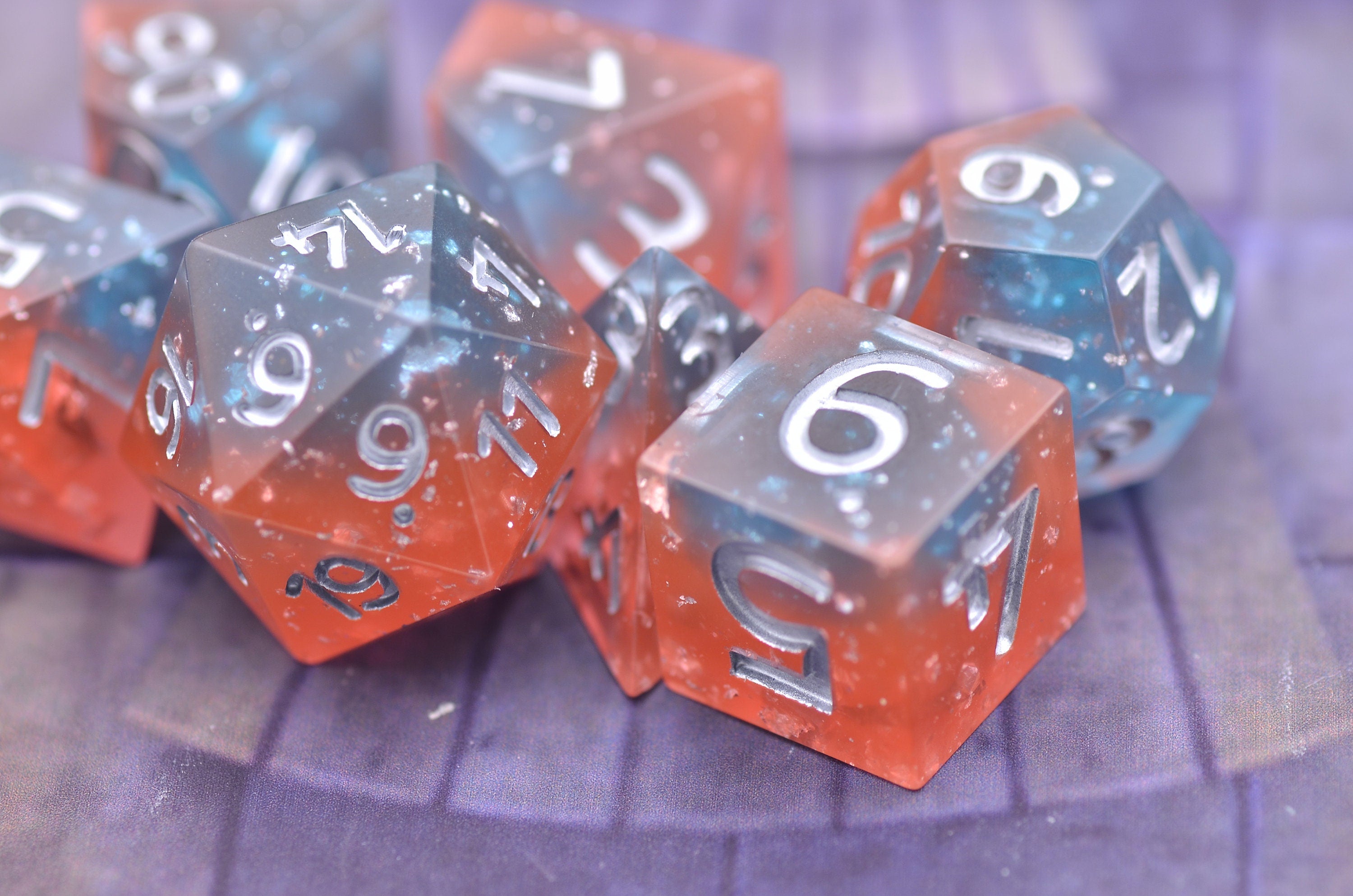 Orange Water Galactic Dreamland Dice Set | Handmade Resin Translucent Dice with Sharp Edges