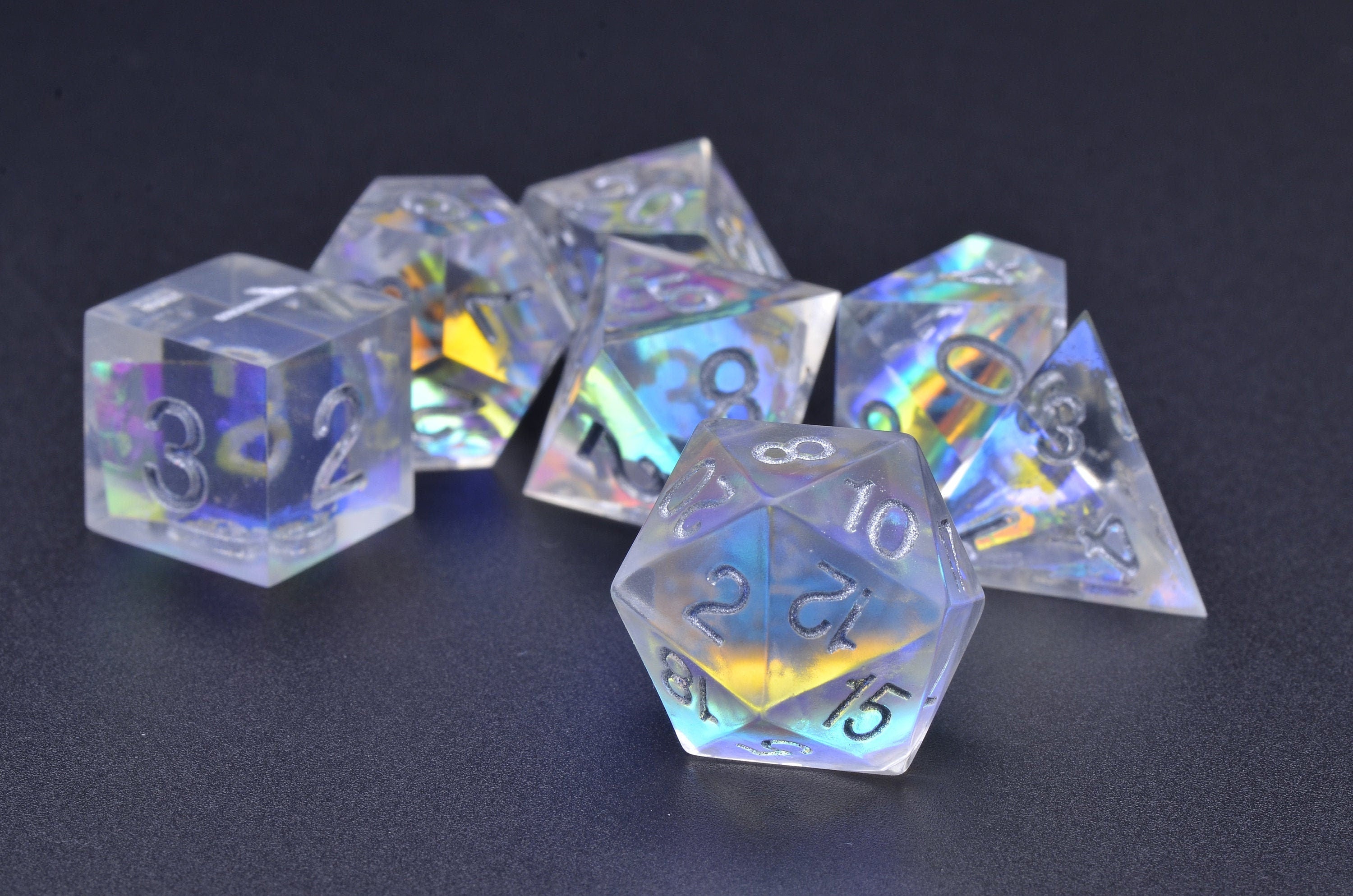 Laser Illusions DND dice set | Rainbow silver dice set | holograph Sharp edge resin dice | Gold foiol dnd dice set
