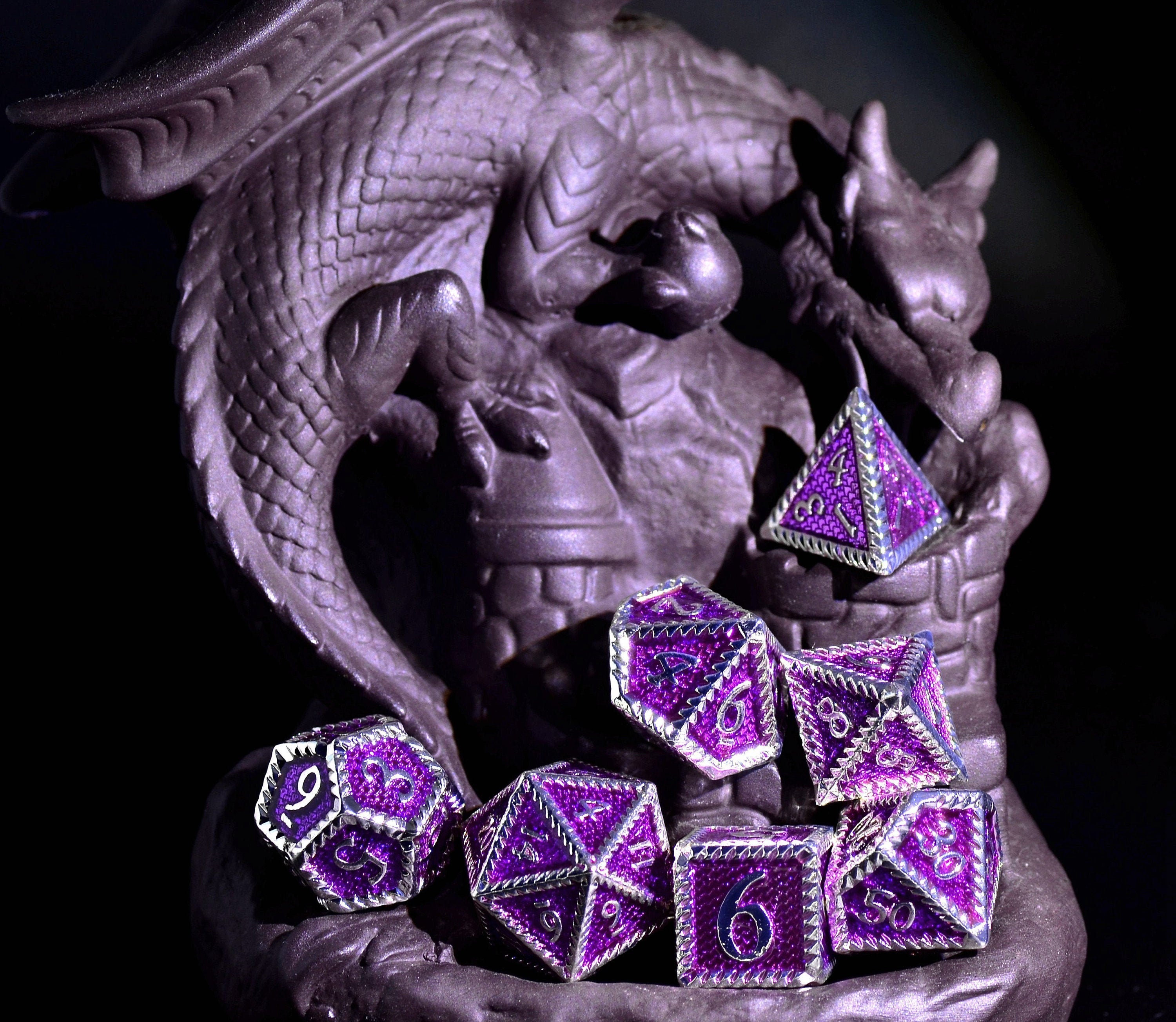 Amethyst Dragon Scale Metal Dice| Purple metal Dungeons and Dragons dice |polyhedral D&D dice set