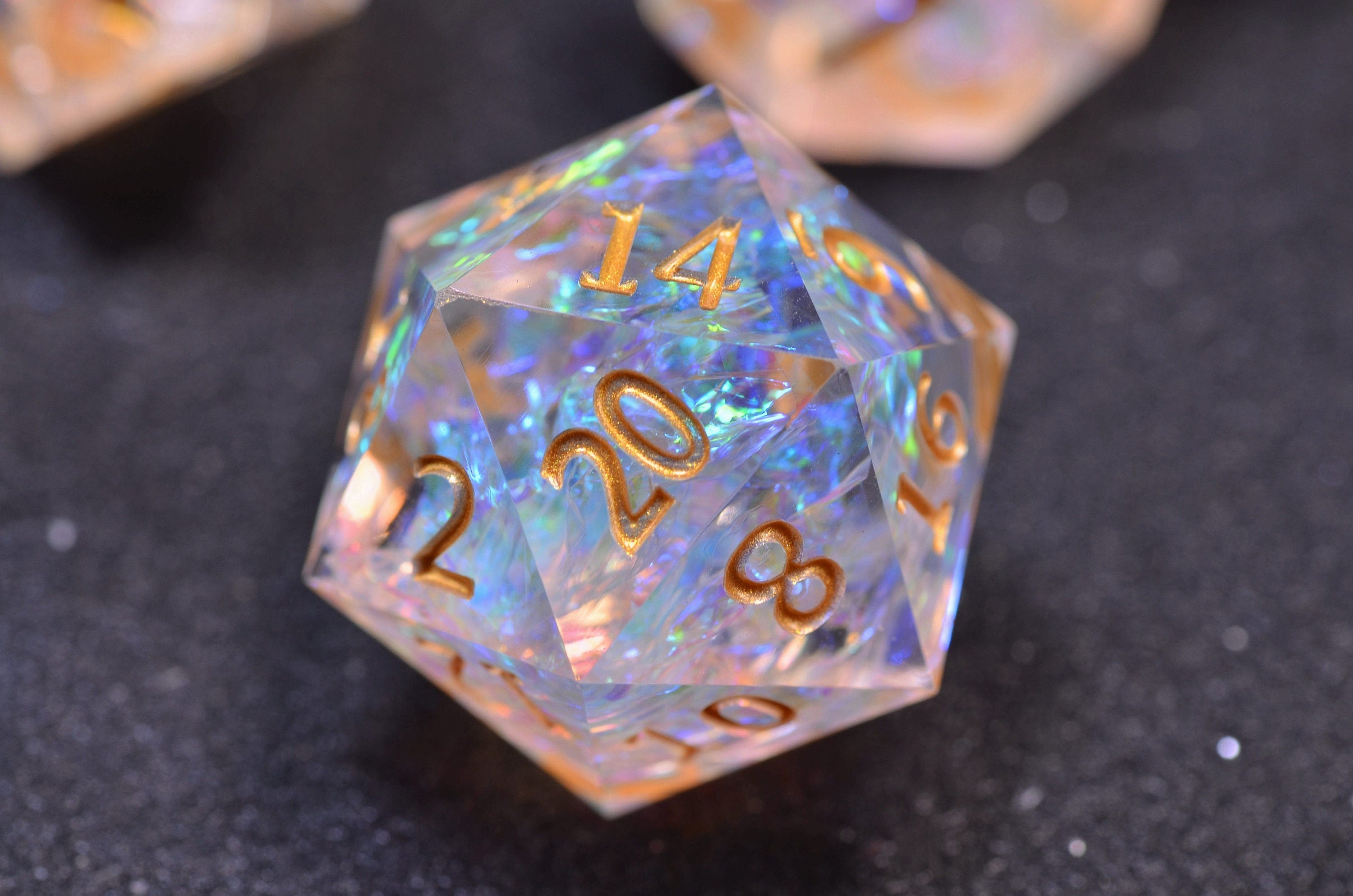 Golden transparent DND dice | D&D Resin sharp edge dice set | Dungeons and Dragons polyhedral dice set