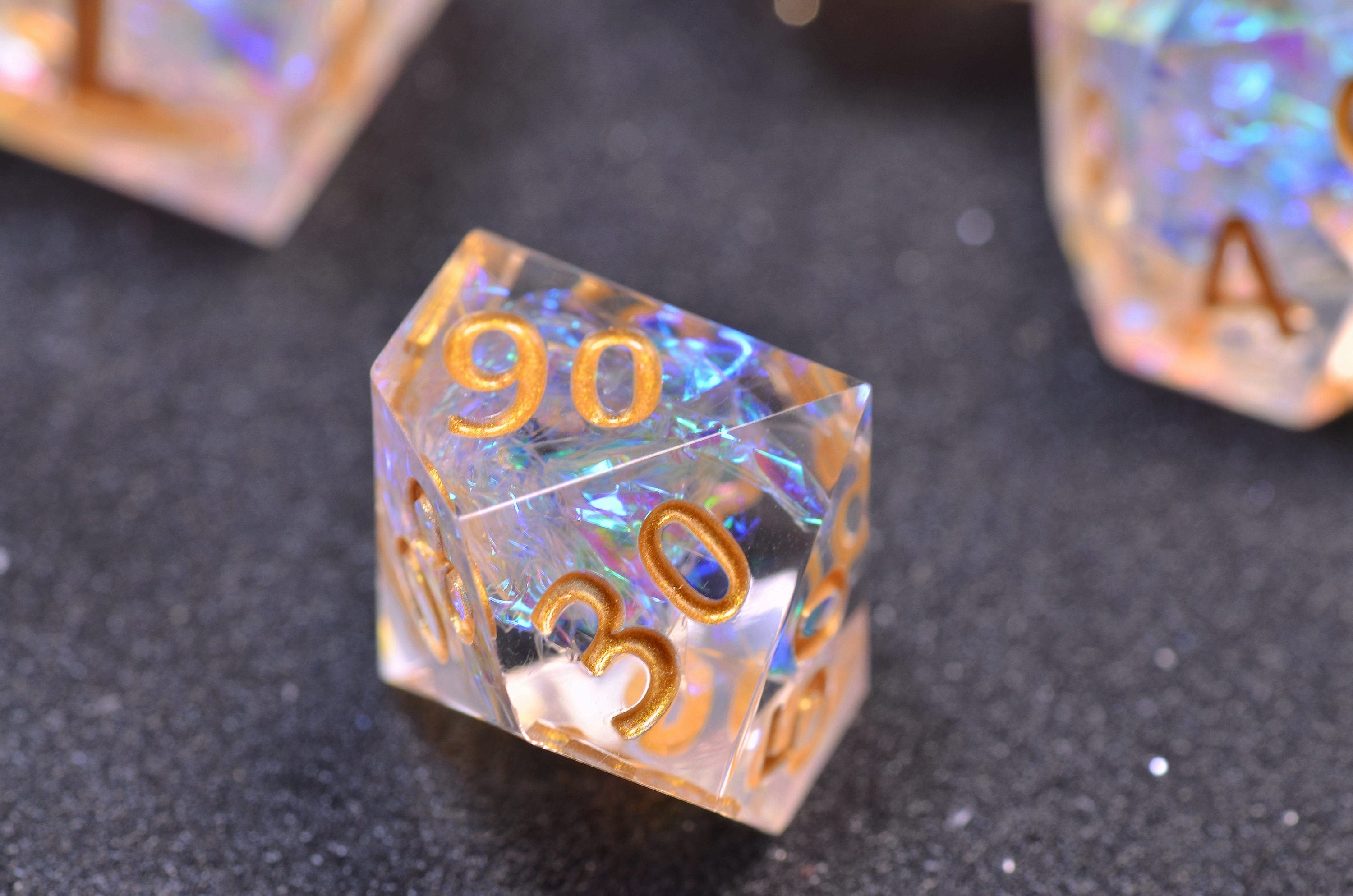 Golden transparent DND dice | D&D Resin sharp edge dice set | Dungeons and Dragons polyhedral dice set