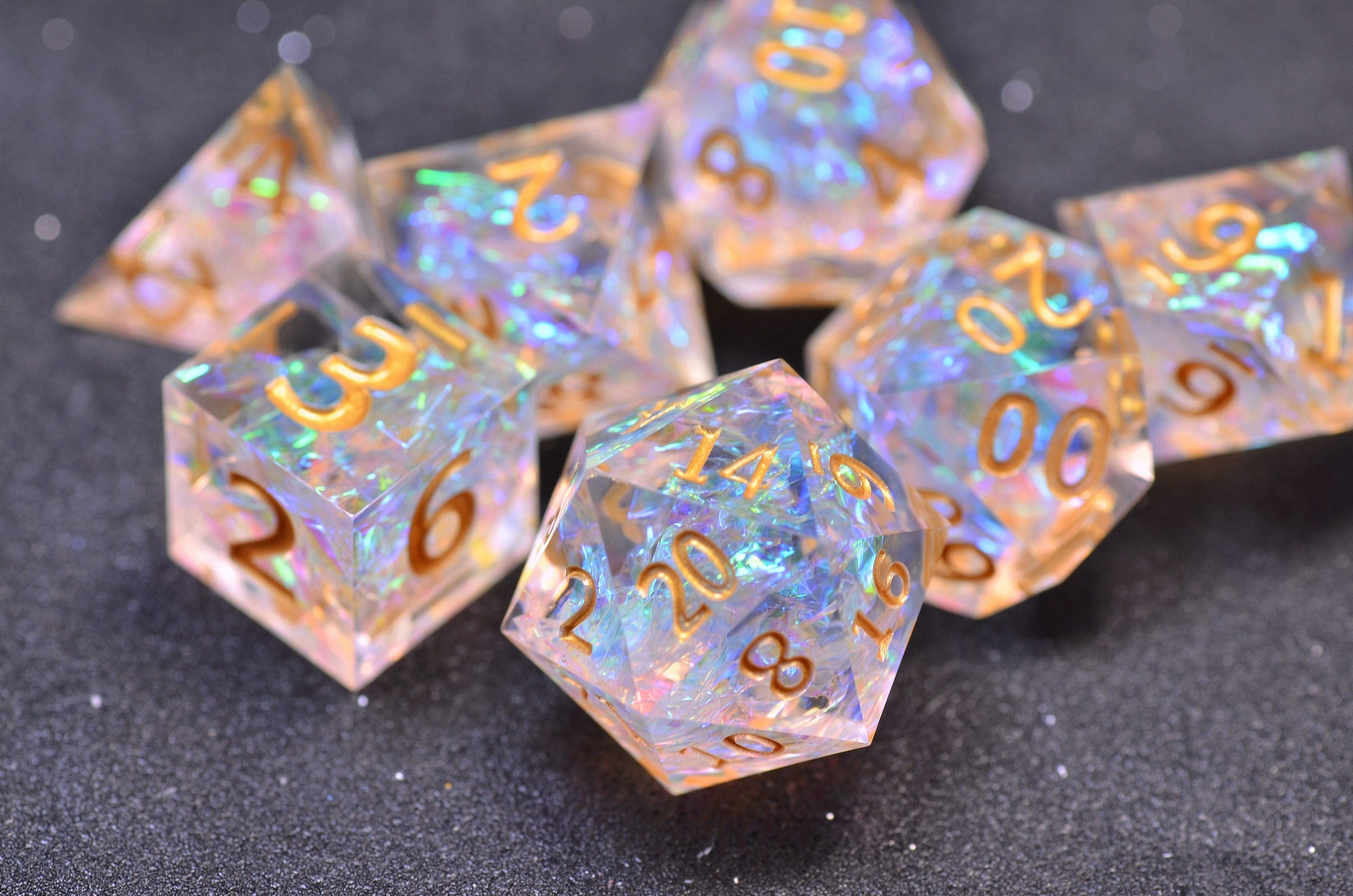 Golden transparent DND dice | D&D Resin sharp edge dice set | Dungeons and Dragons polyhedral dice set