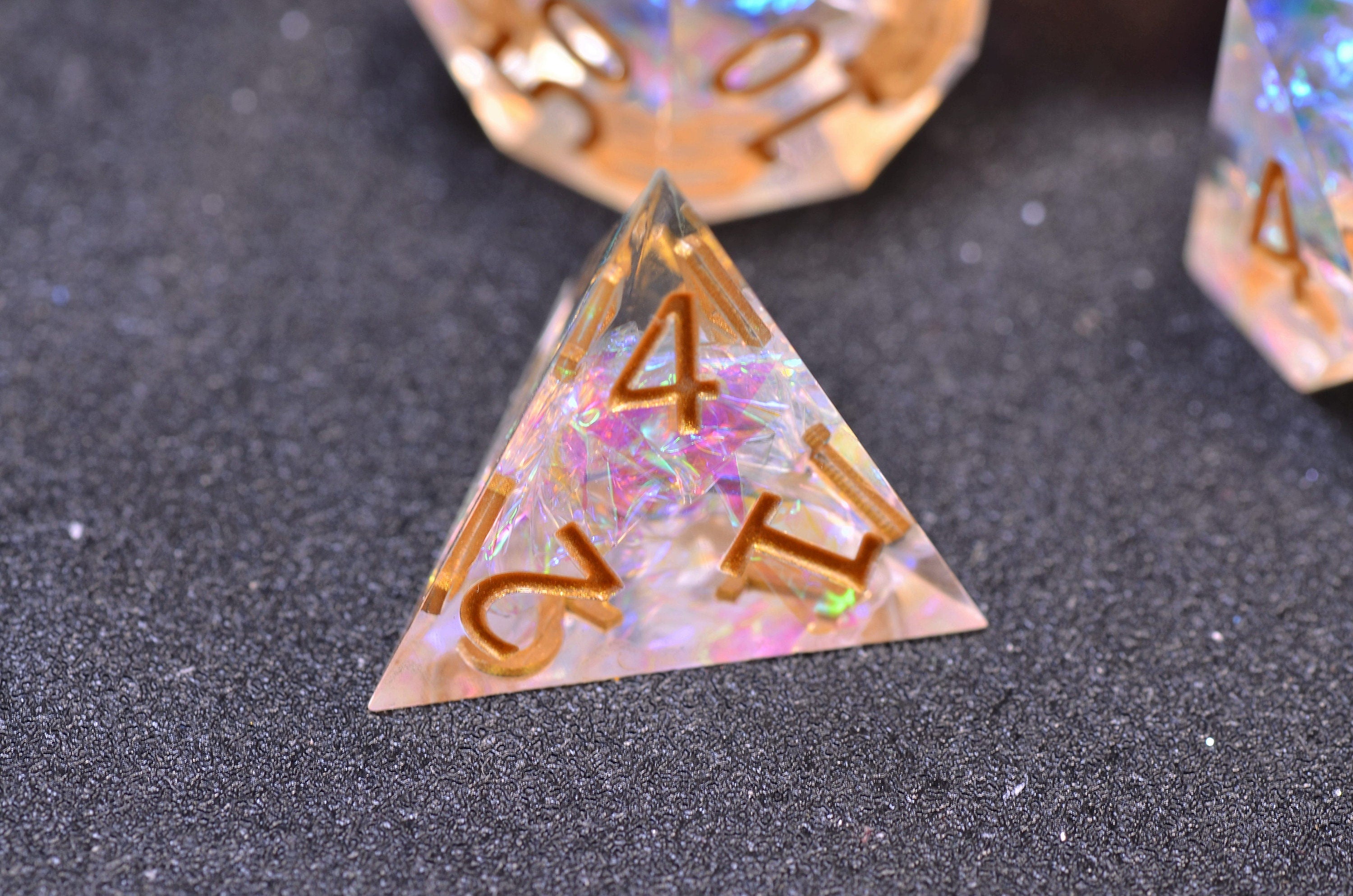 Golden transparent DND dice | D&D Resin sharp edge dice set | Dungeons and Dragons polyhedral dice set
