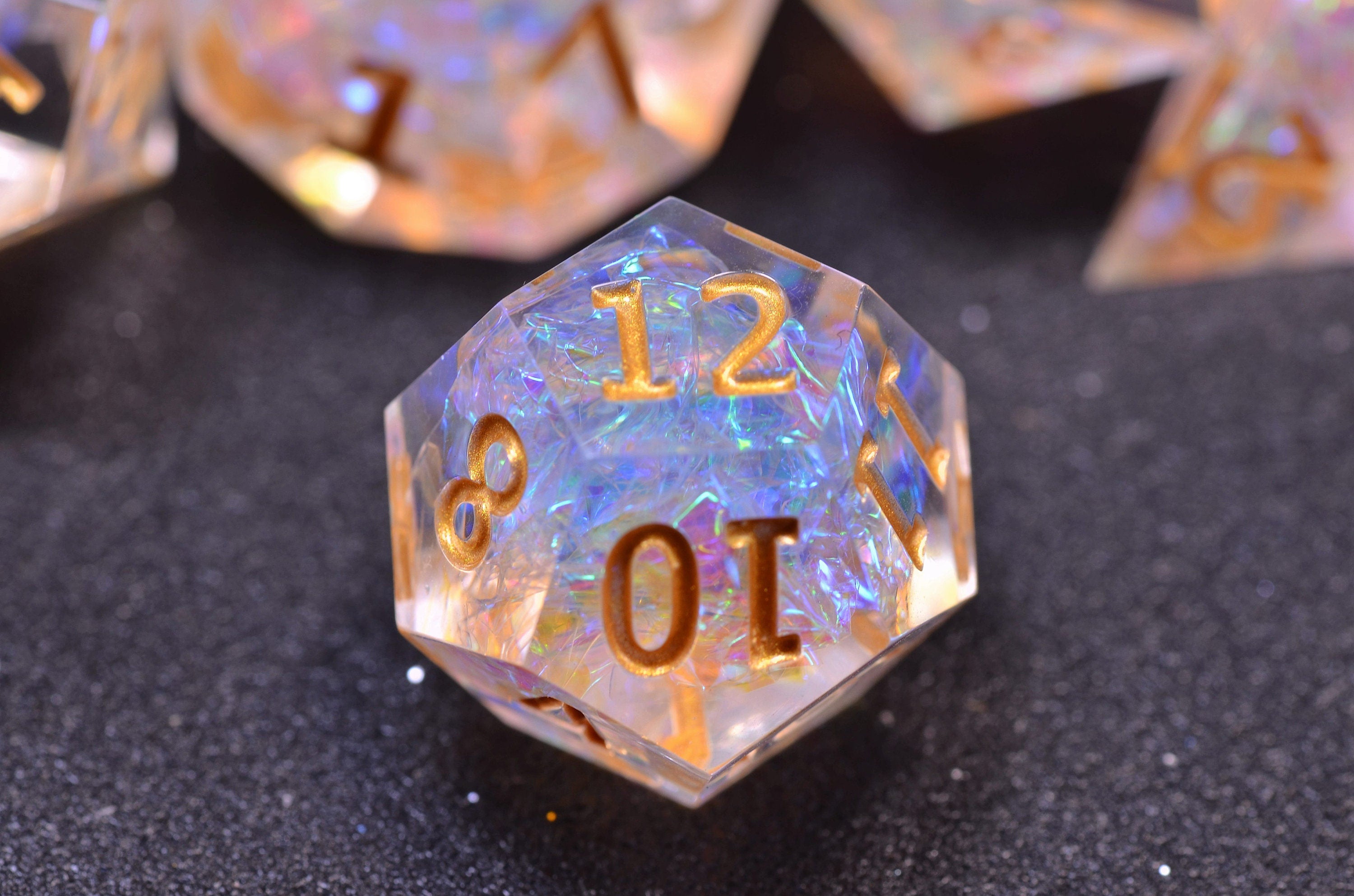 Golden transparent DND dice | D&D Resin sharp edge dice set | Dungeons and Dragons polyhedral dice set