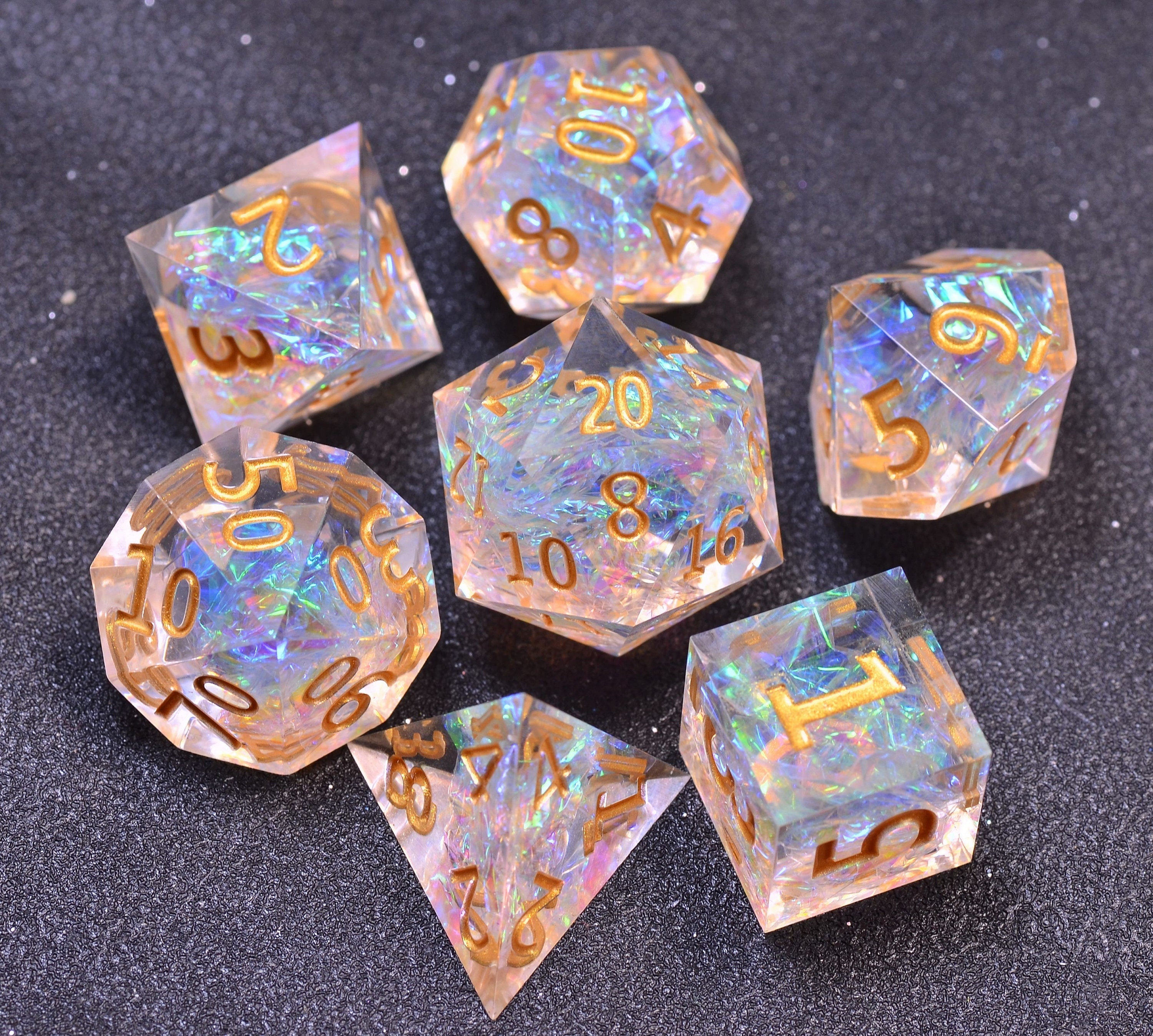 Golden transparent DND dice | D&D Resin sharp edge dice set | Dungeons and Dragons polyhedral dice set