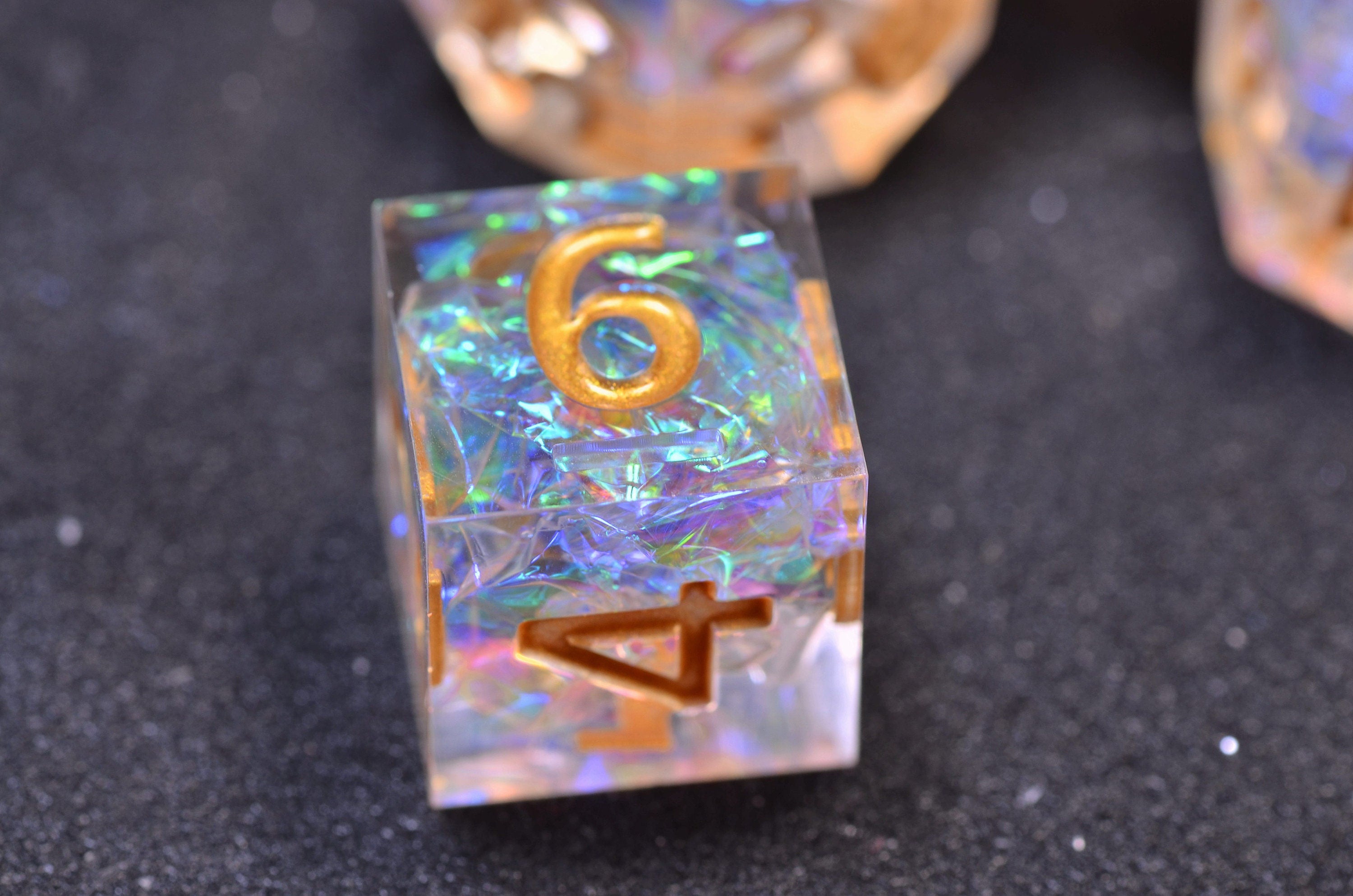 Golden transparent DND dice | D&D Resin sharp edge dice set | Dungeons and Dragons polyhedral dice set