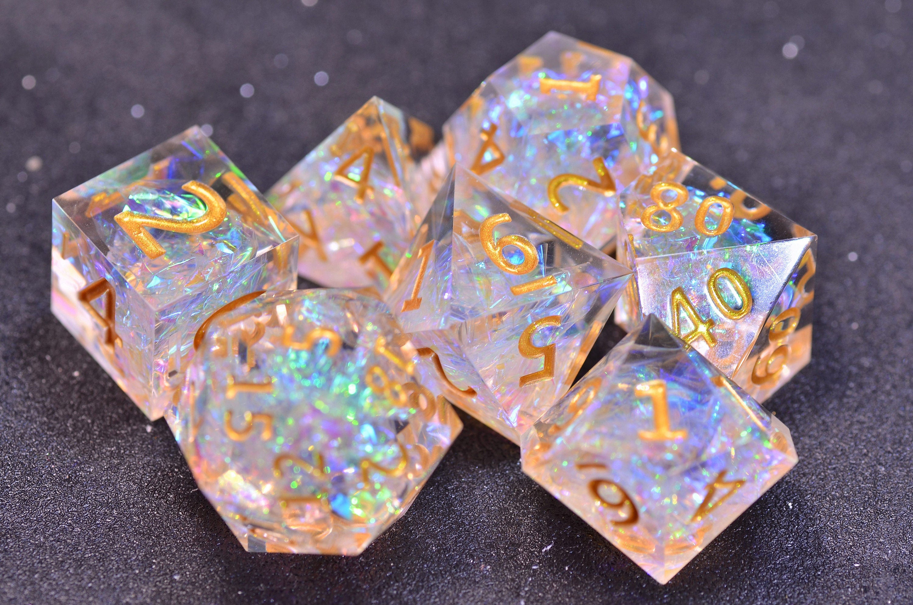 Golden transparent DND dice | D&D Resin sharp edge dice set | Dungeons and Dragons polyhedral dice set