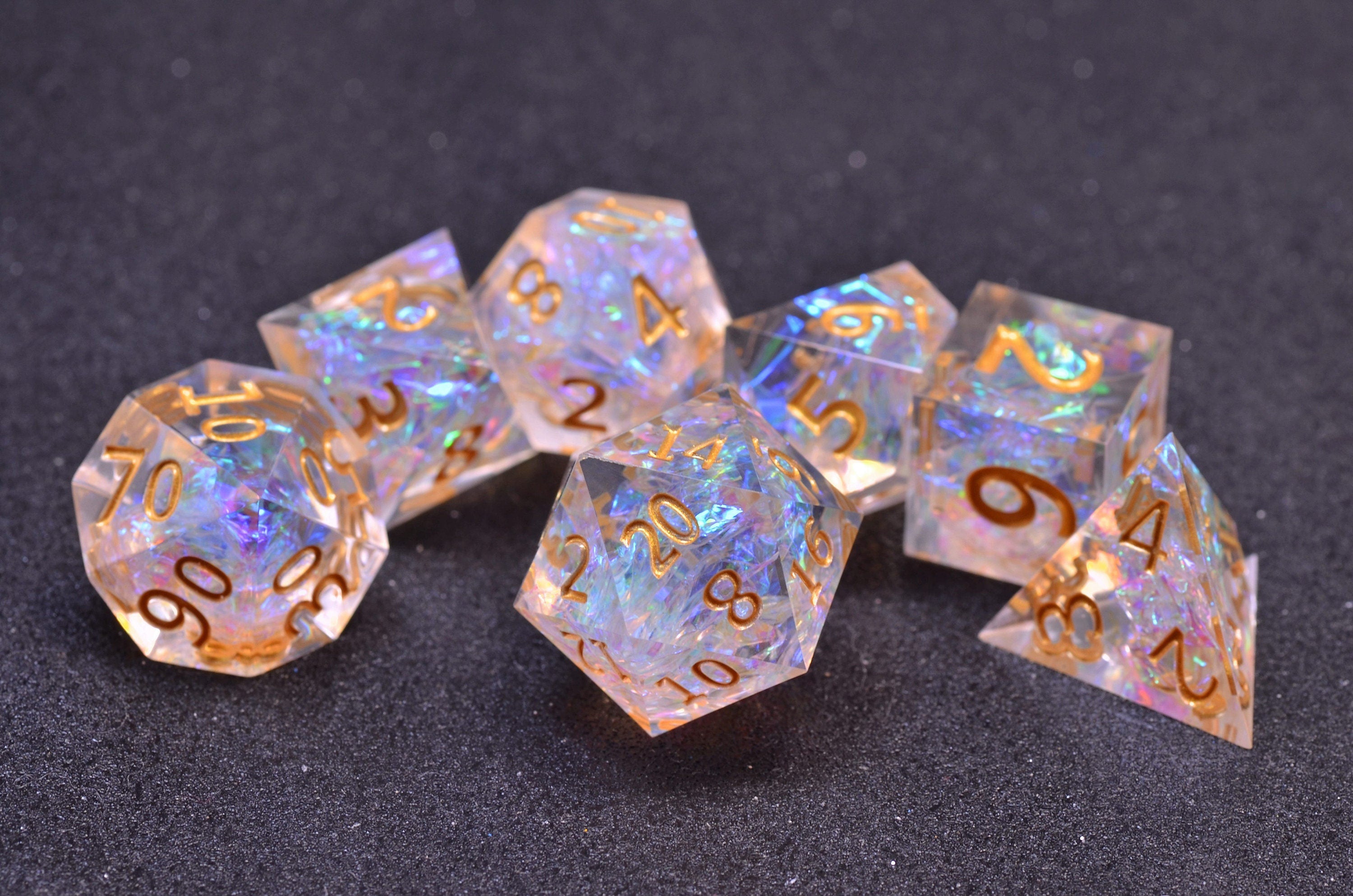 Golden transparent DND dice | D&D Resin sharp edge dice set | Dungeons and Dragons polyhedral dice set