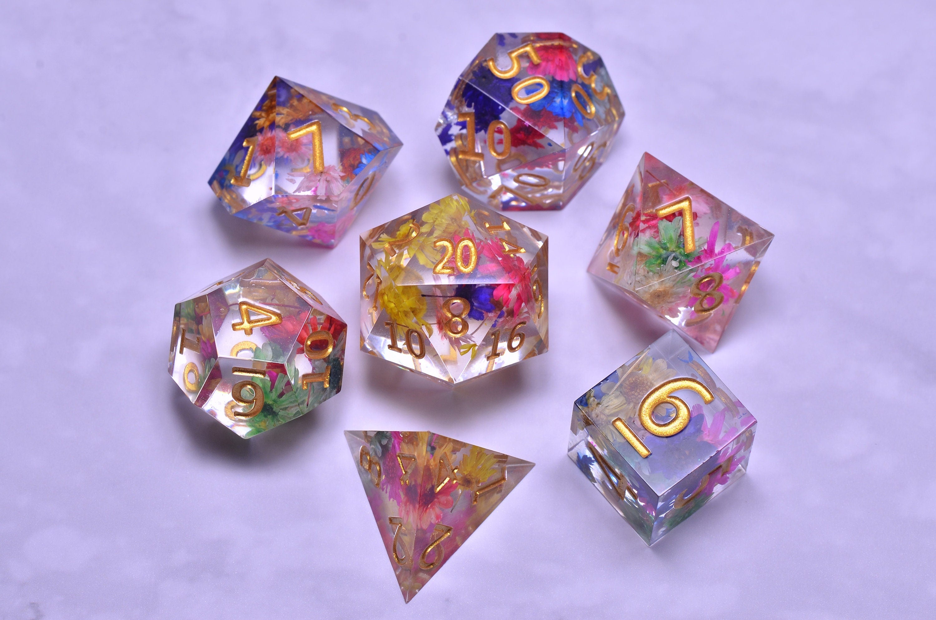 flower D&D dice set | Coloured flower translucent dice |Resin polyhedral dice set |Handmade sharp edge dice set
