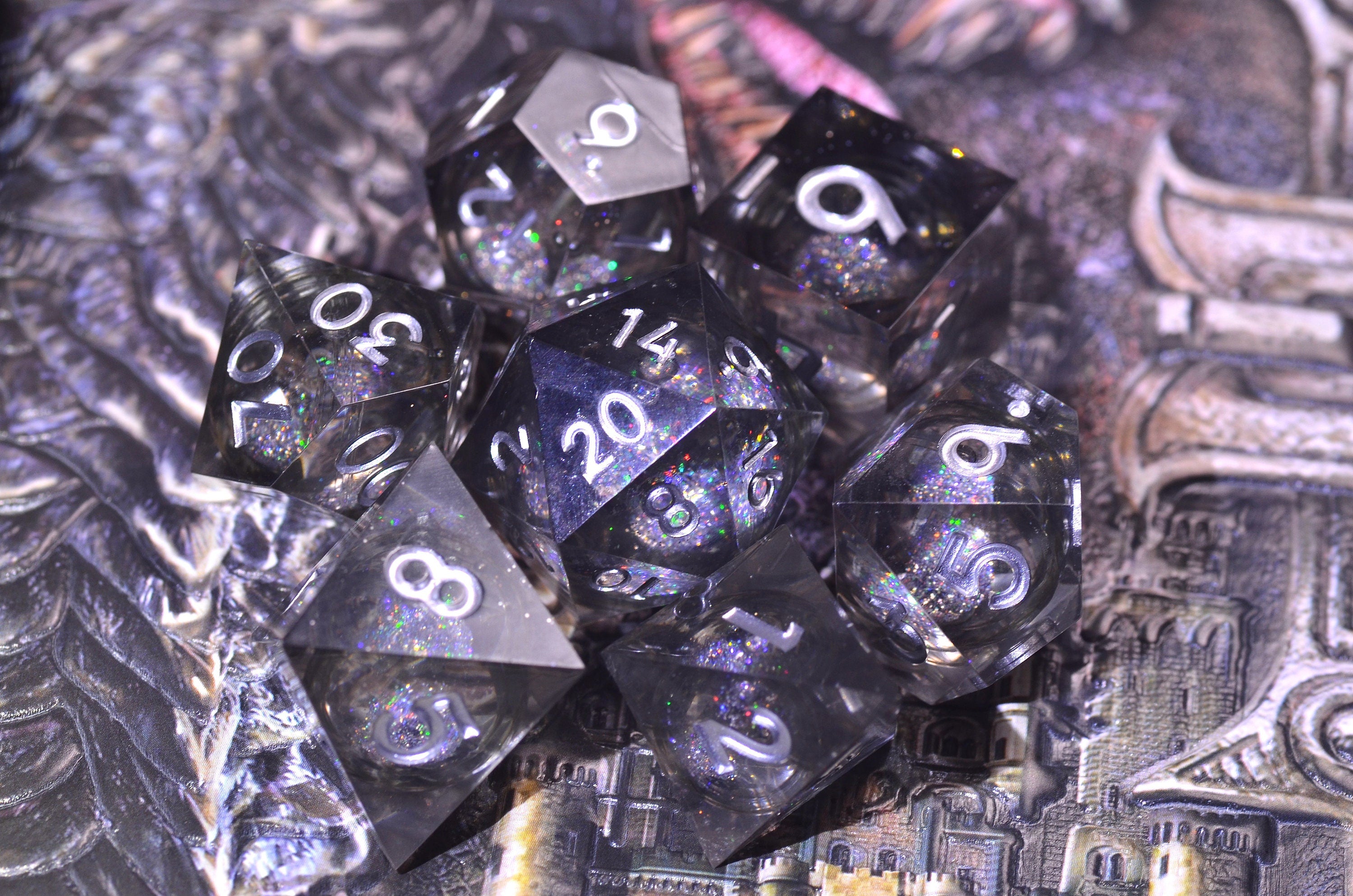 DND Black liquid core dice ,Arcane D&D dice SET, Galaxy dragon dice , Dungeons and Dragons resin dice set ,iridescent Polyhedral dice set