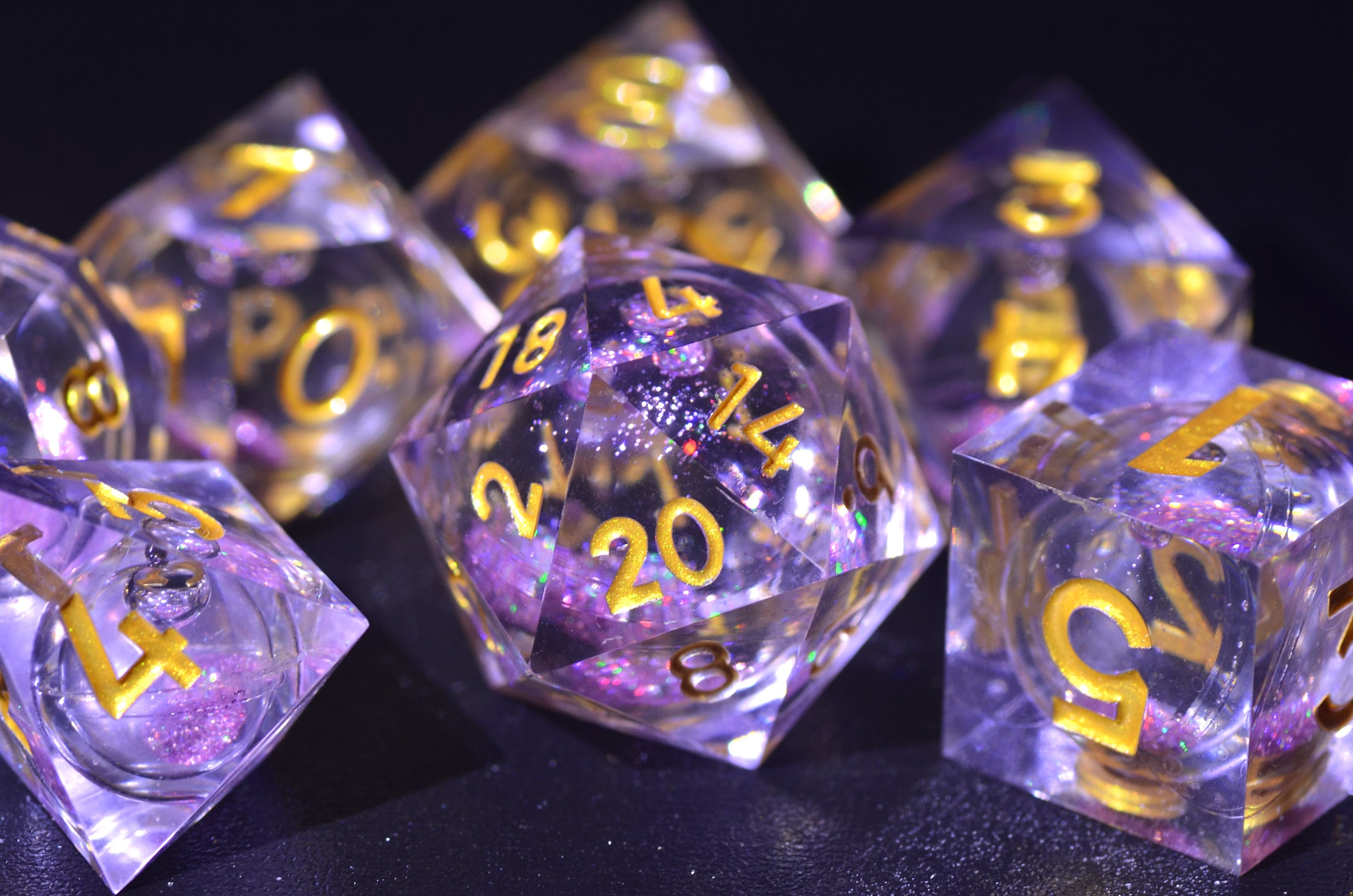 Purple liquid core DND dice , Streaming Crystal Dice ,amethyst sharp edge dice ,iridescent D&D Handmade dice,Dungeons and Dragons resin dice