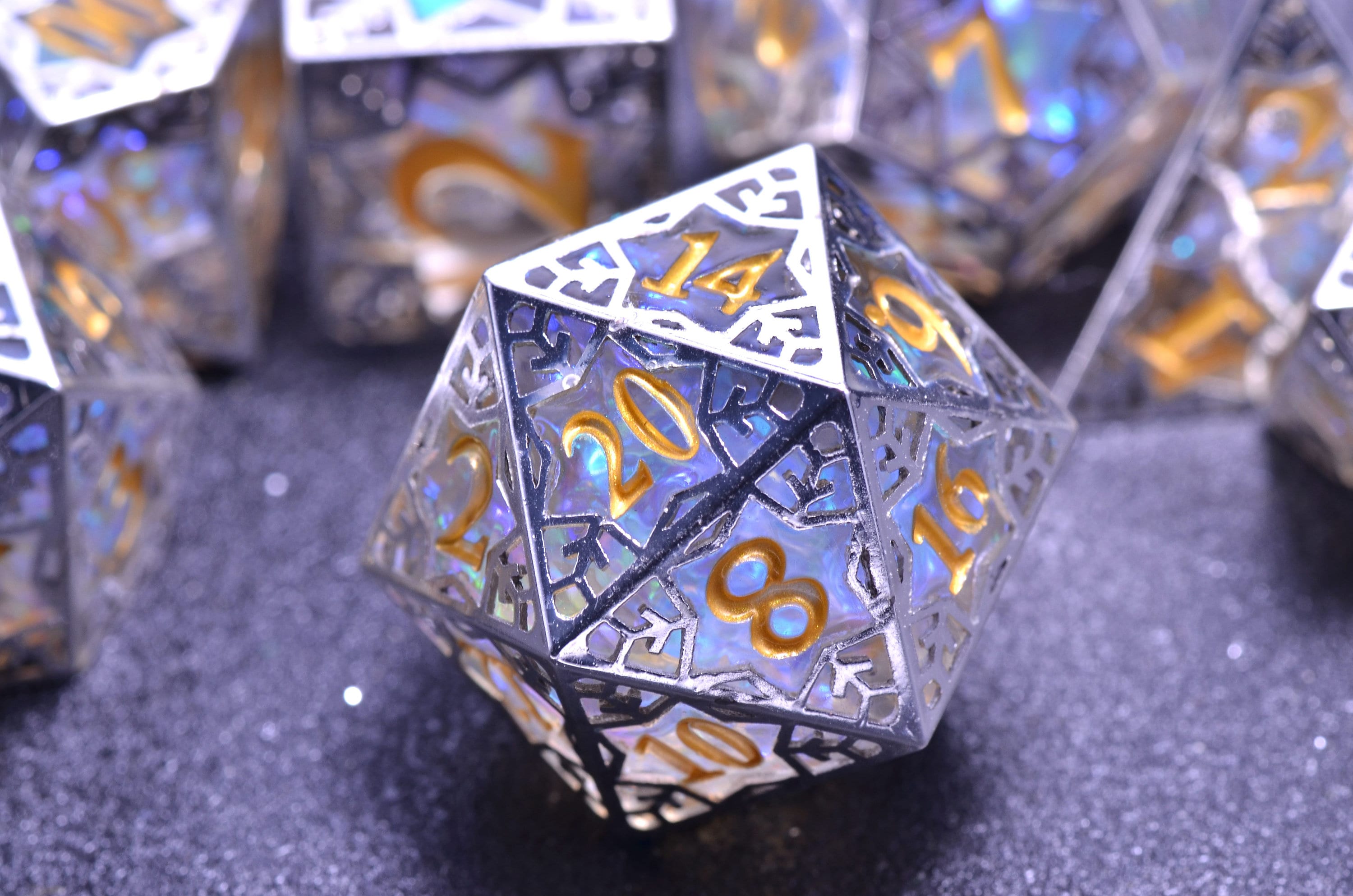 Ice DND dice set,Snow mage snowflakes dice , Unique winter dice,Christmas D&D dice, Translucent polyhedral metal resin dice GIFT