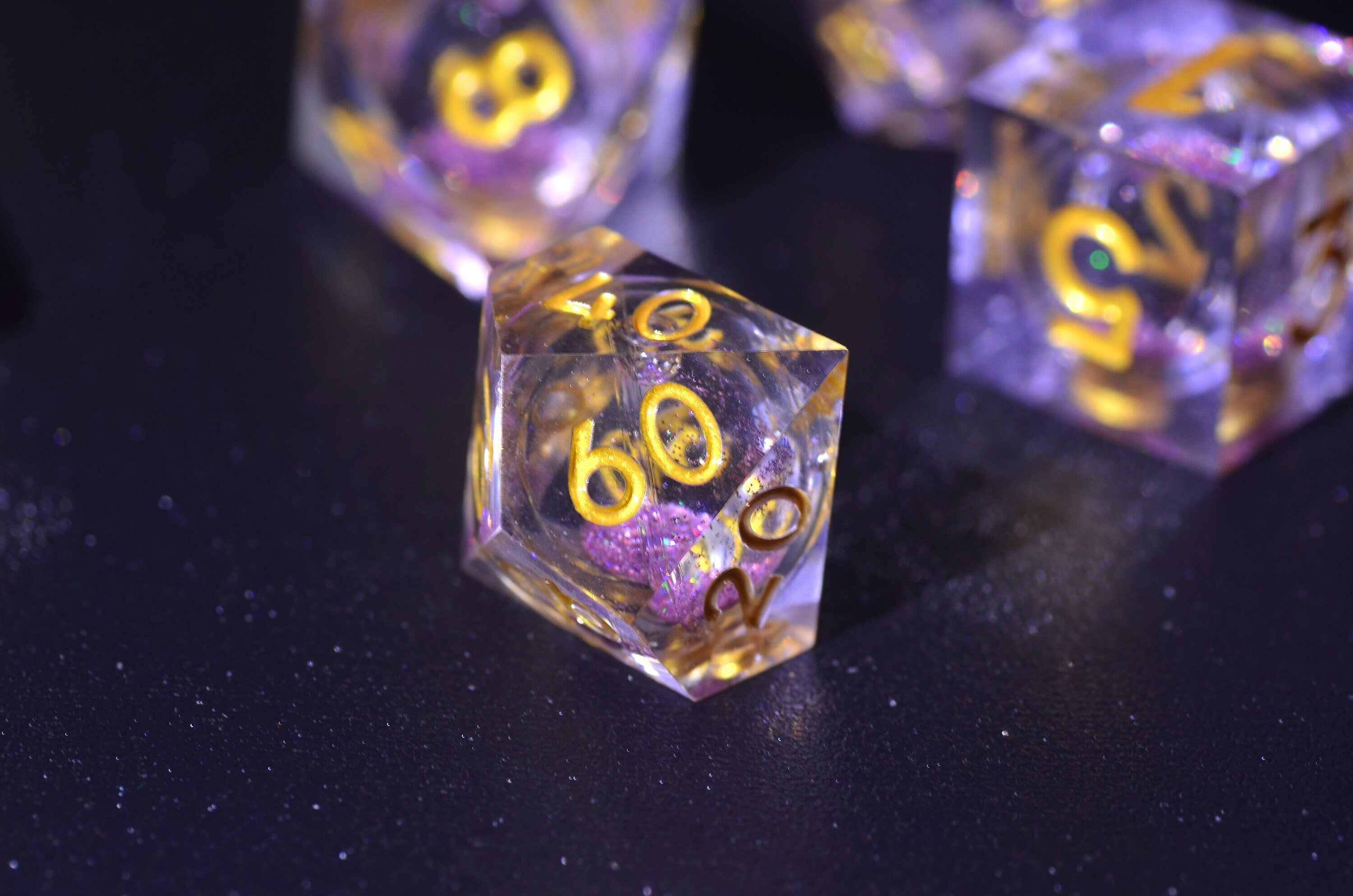 Purple liquid core DND dice , Streaming Crystal Dice ,amethyst sharp edge dice ,iridescent D&D Handmade dice,Dungeons and Dragons resin dice