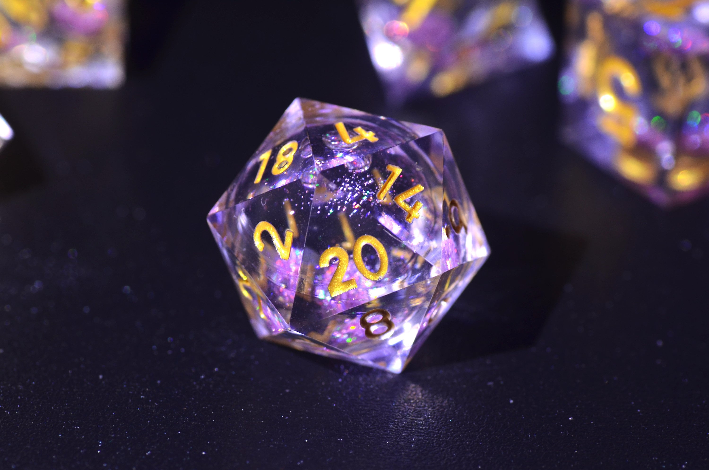 Purple liquid core DND dice , Streaming Crystal Dice ,amethyst sharp edge dice ,iridescent D&D Handmade dice,Dungeons and Dragons resin dice