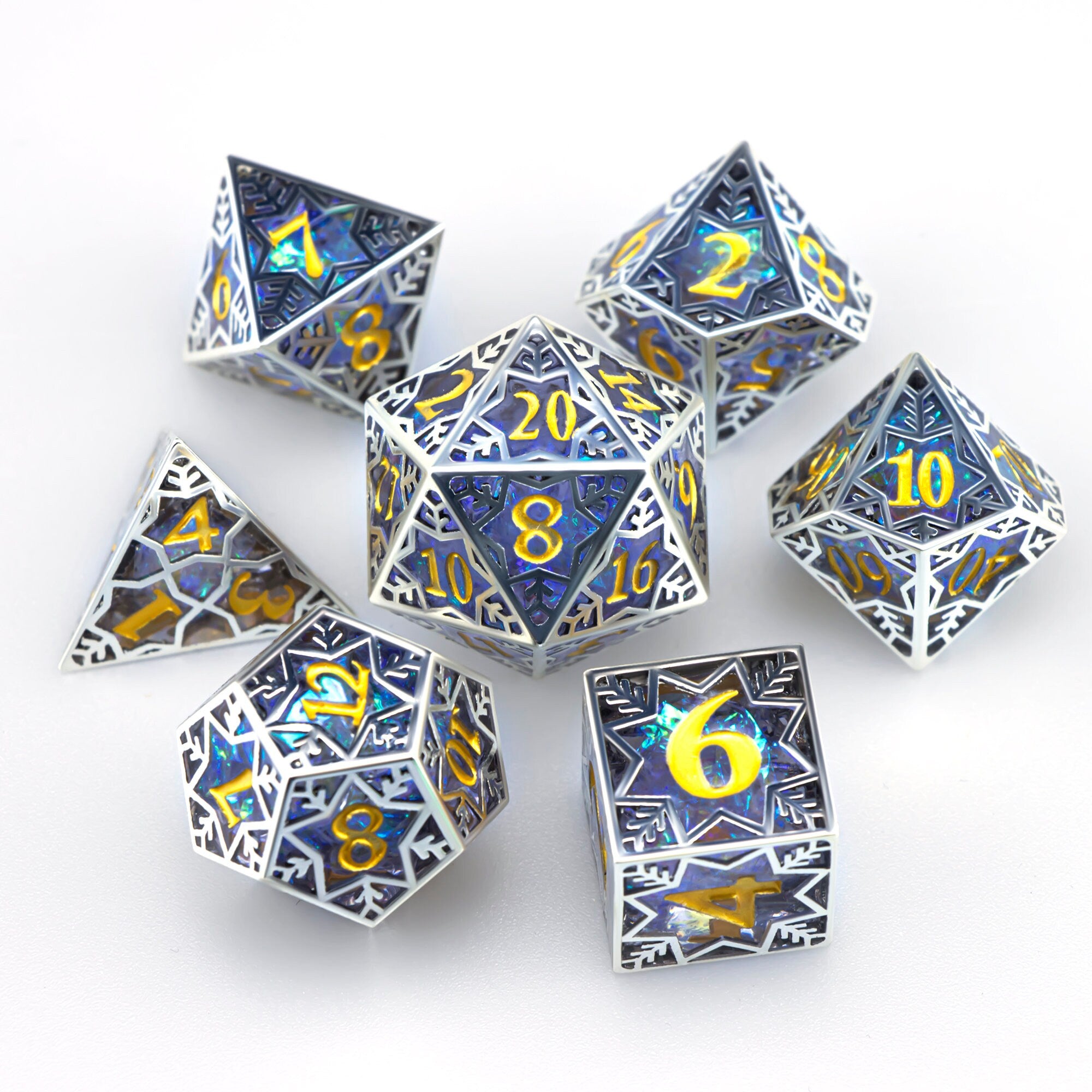 Ice DND dice set,Snow mage snowflakes dice , Unique winter dice,Christmas D&D dice, Translucent polyhedral metal resin dice GIFT