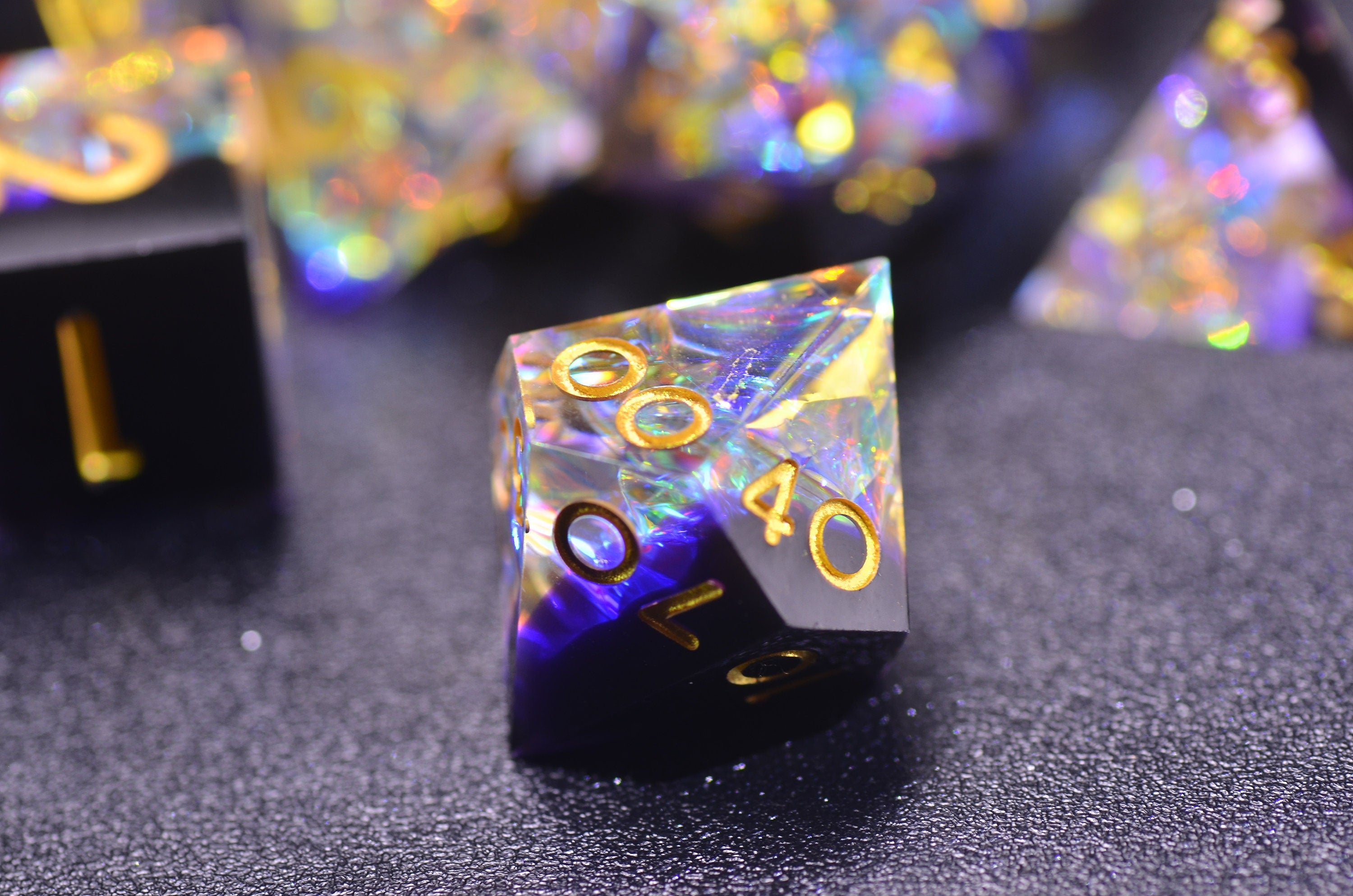 D&D Black purple dice |Purple Gold DND Dice | iridescent Dungeons and Dragons translucent dice | polyhedral dice set| Sharp Edge Dice Set