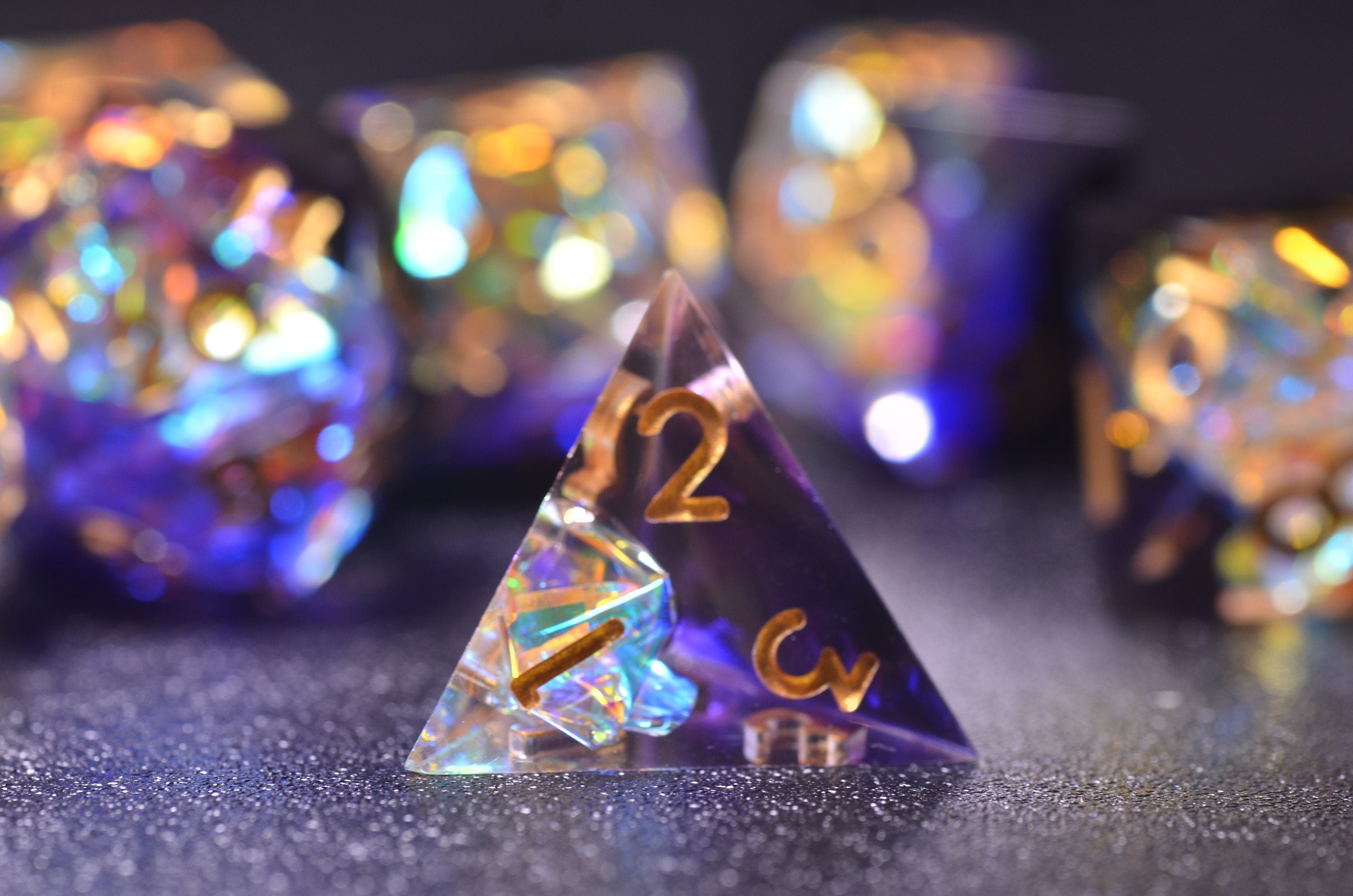 D&D Black purple dice |Purple Gold DND Dice | iridescent Dungeons and Dragons translucent dice | polyhedral dice set| Sharp Edge Dice Set