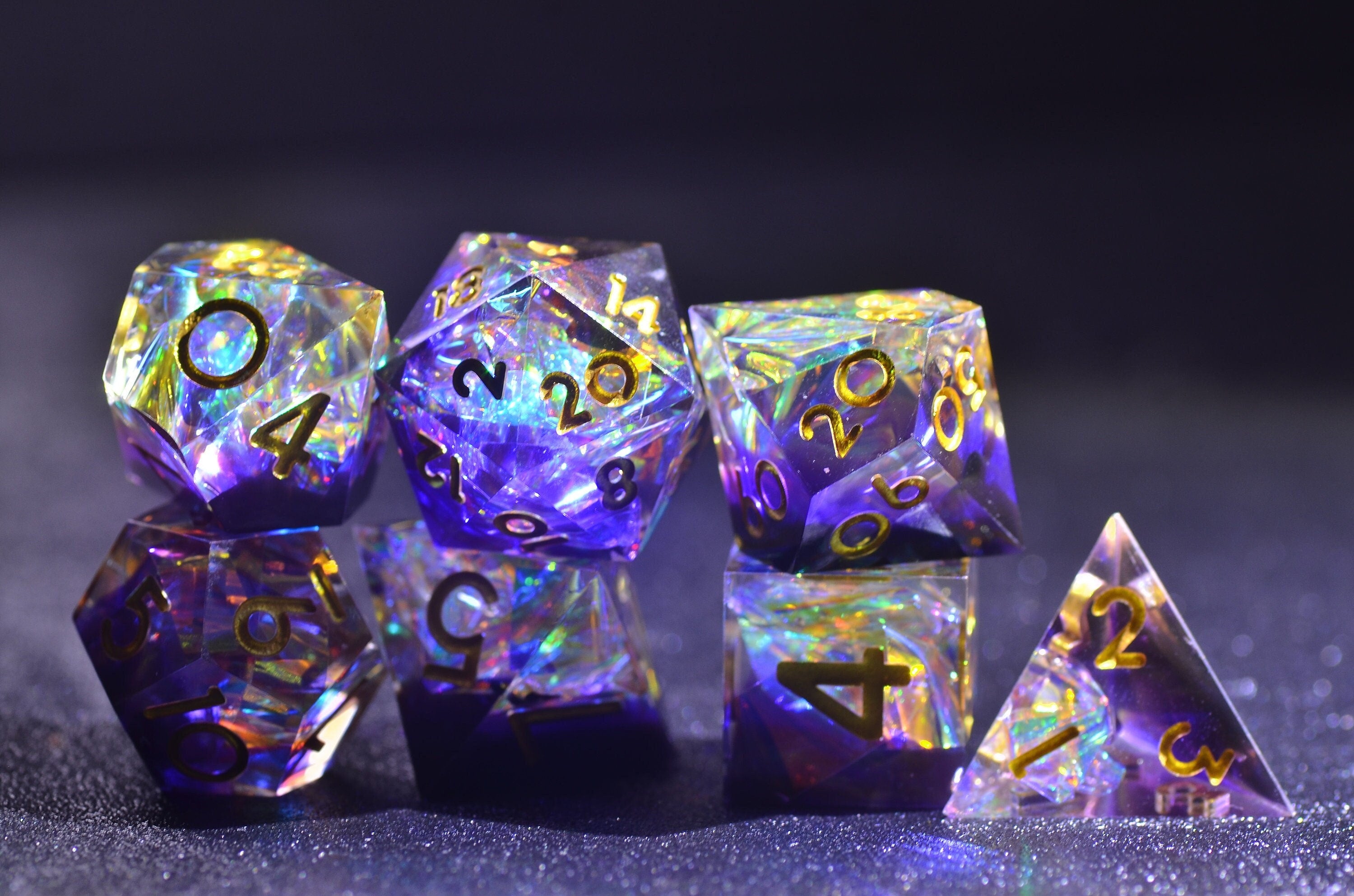 D&D Black purple dice |Purple Gold DND Dice | iridescent Dungeons and Dragons translucent dice | polyhedral dice set| Sharp Edge Dice Set