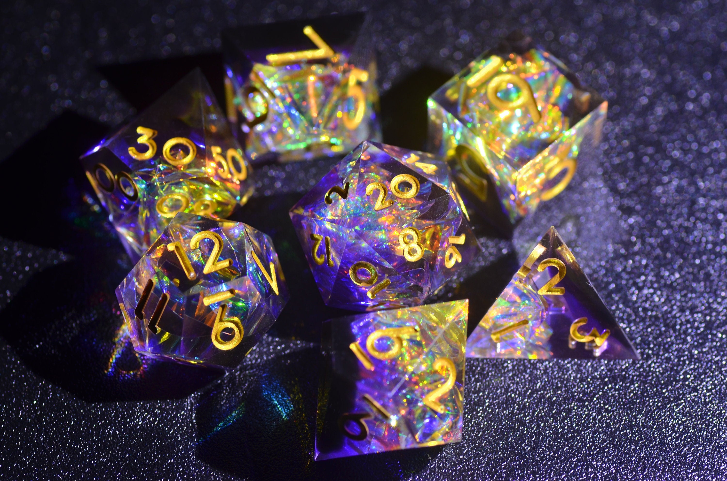 D&D Black purple dice |Purple Gold DND Dice | iridescent Dungeons and Dragons translucent dice | polyhedral dice set| Sharp Edge Dice Set