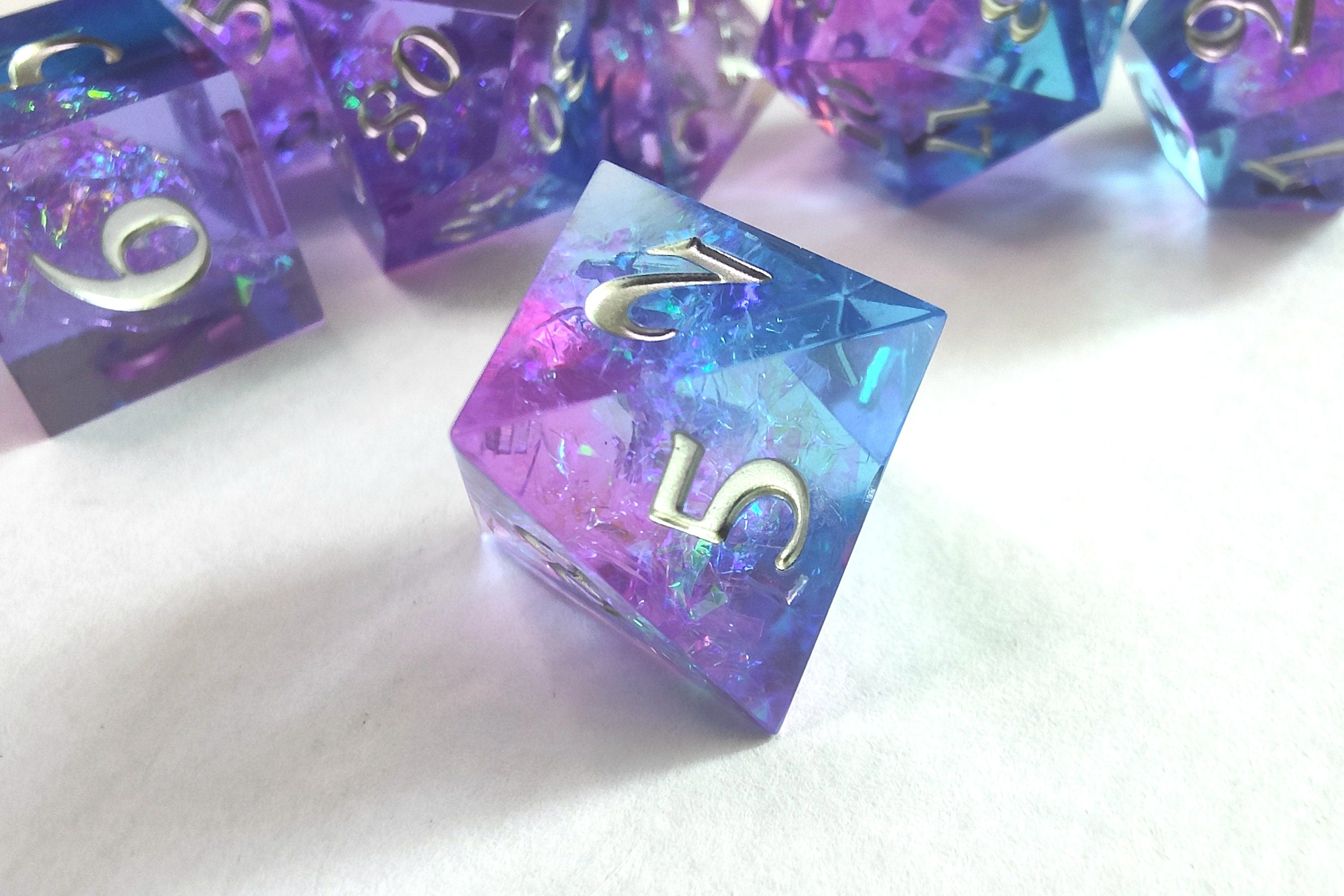Blue-Pink Sharp Edge Resin Dice Set - Iridescent Galaxy Design - Perfect for Dungeons and Dragons and RPG Games
