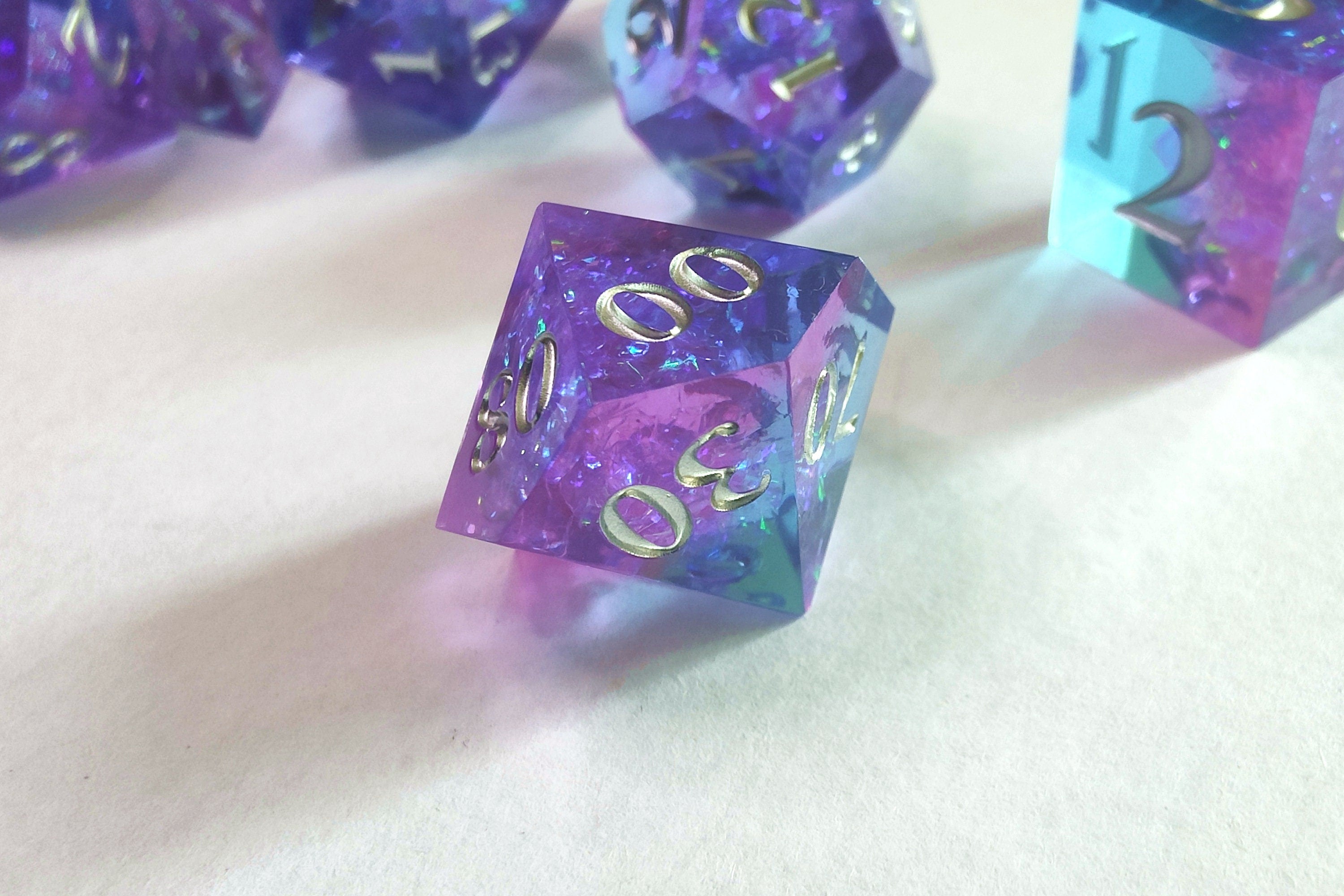 Blue-Pink Sharp Edge Resin Dice Set - Iridescent Galaxy Design - Perfect for Dungeons and Dragons and RPG Games
