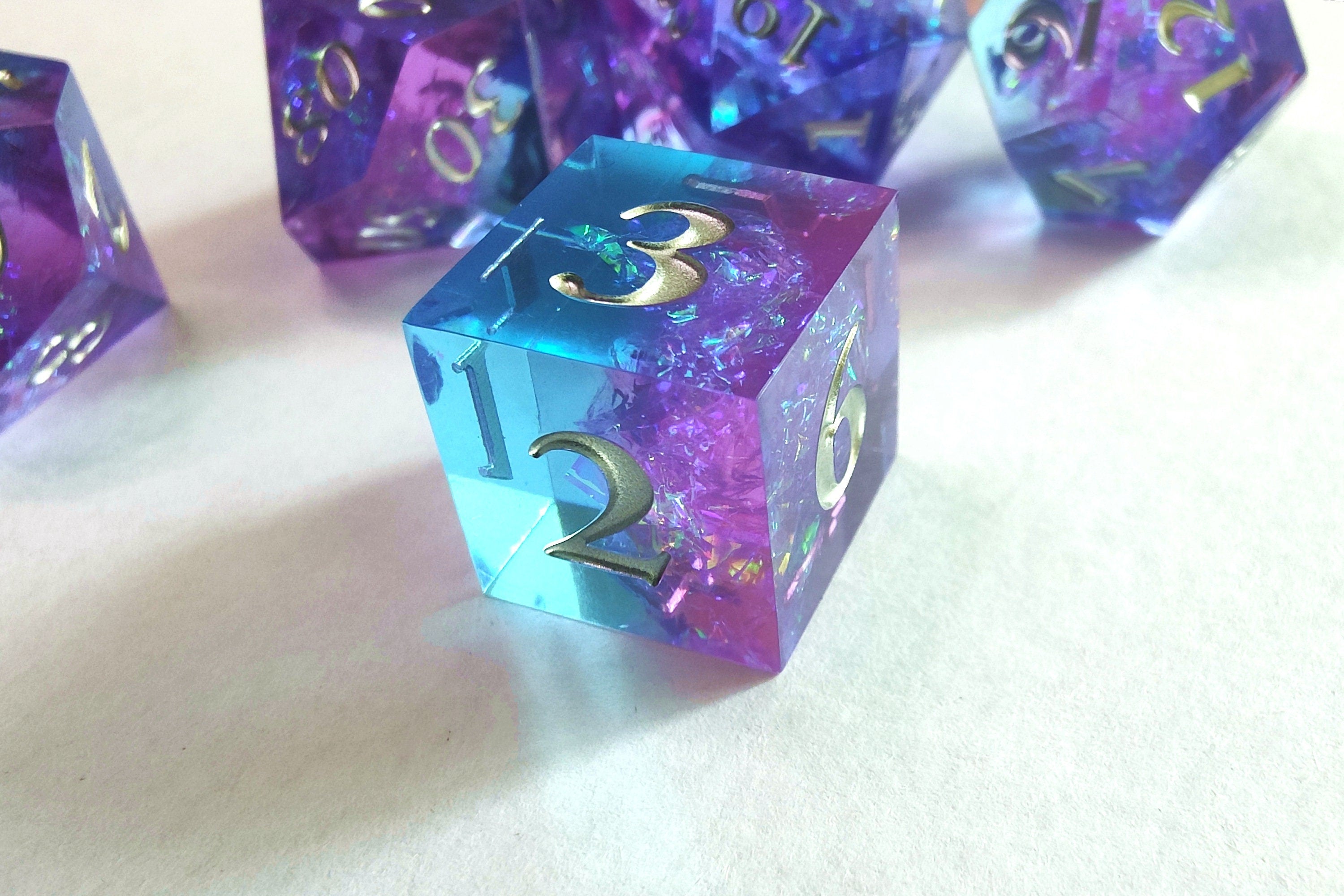 Blue-Pink Sharp Edge Resin Dice Set - Iridescent Galaxy Design - Perfect for Dungeons and Dragons and RPG Games
