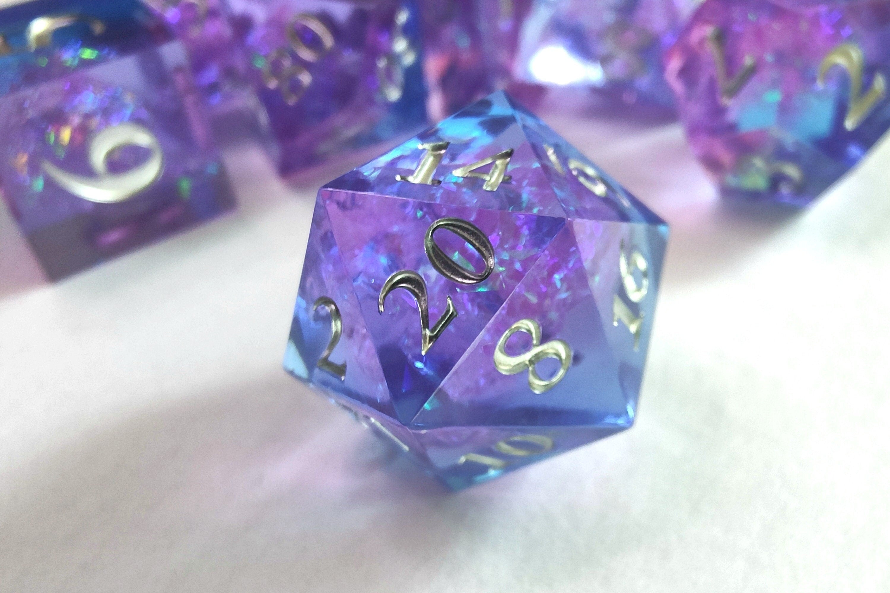 Blue-Pink Sharp Edge Resin Dice Set - Iridescent Galaxy Design - Perfect for Dungeons and Dragons and RPG Games