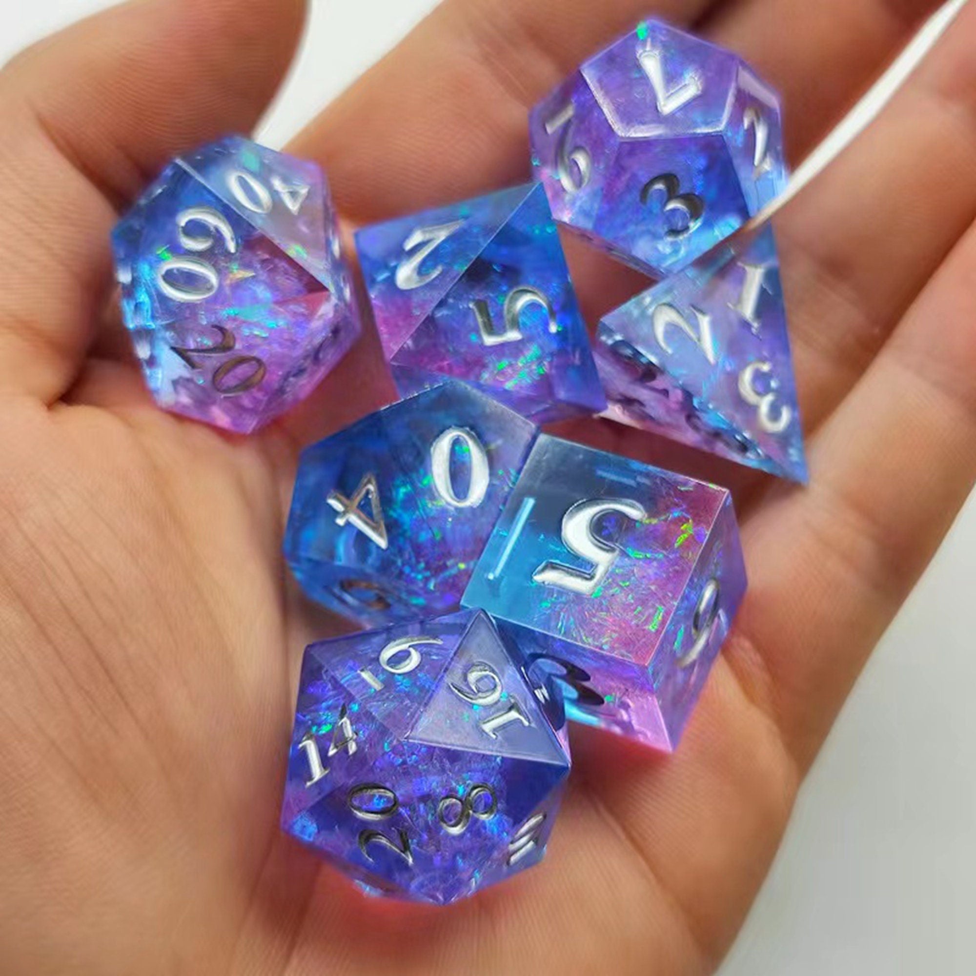 Blue-Pink Sharp Edge Resin Dice Set - Iridescent Galaxy Design - Perfect for Dungeons and Dragons and RPG Games