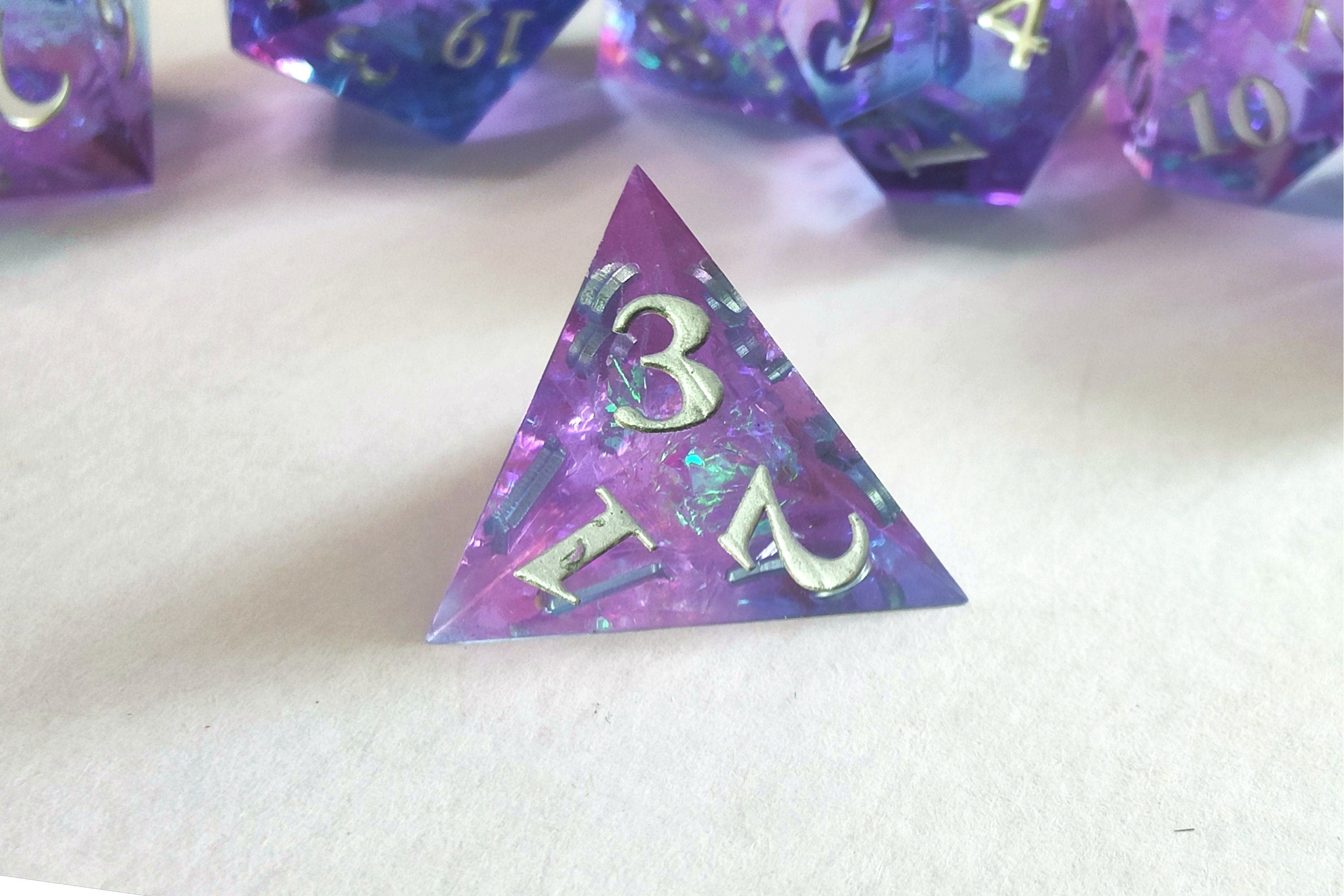 Blue-Pink Sharp Edge Resin Dice Set - Iridescent Galaxy Design - Perfect for Dungeons and Dragons and RPG Games