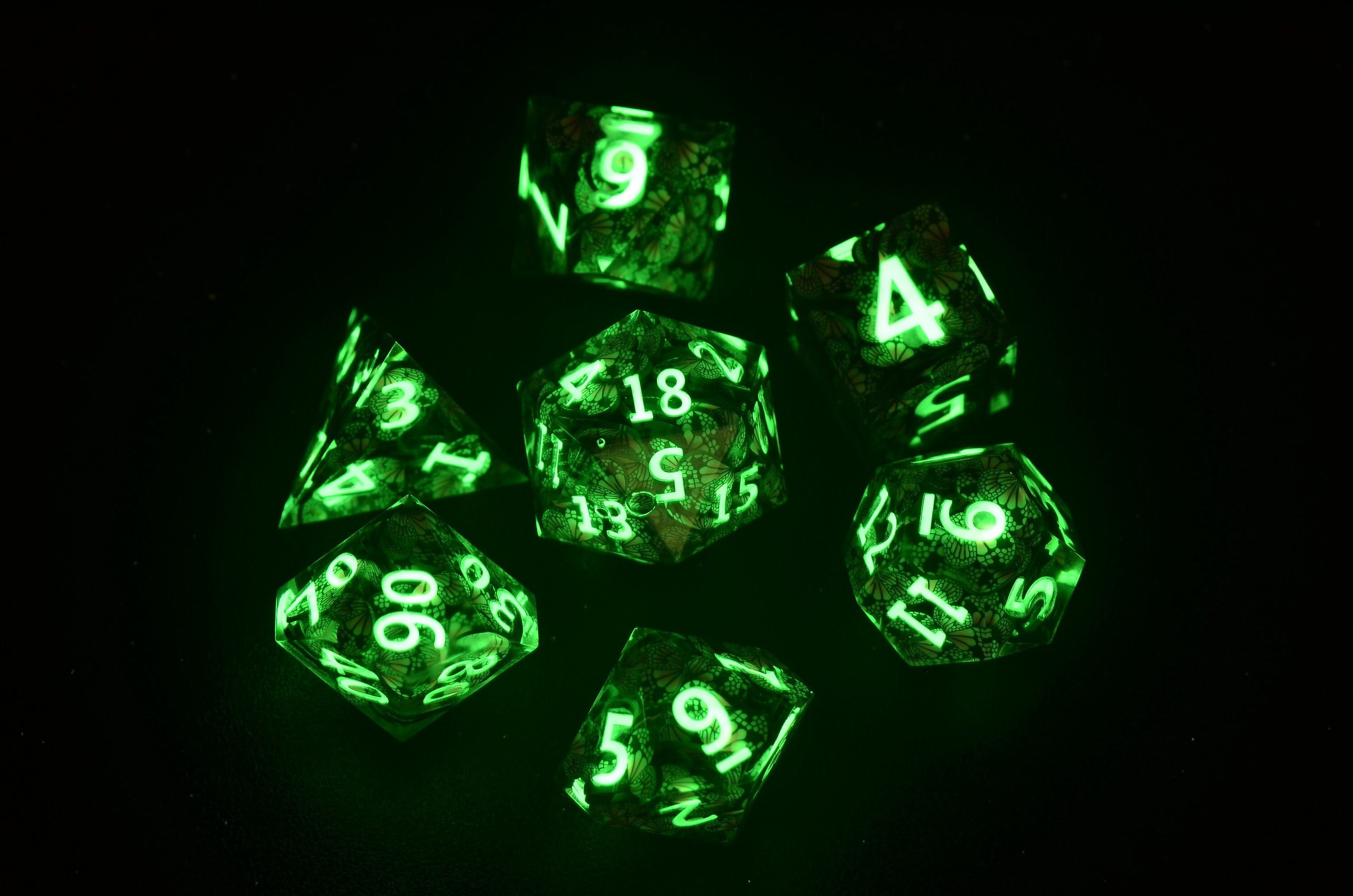 Luminous Butterfly DND Dice set,D&D Sharp Edge Glow in the dark dice,Dungeons and Dragons polyhedral Resin dice, RPG Game Handmade dice GIFT