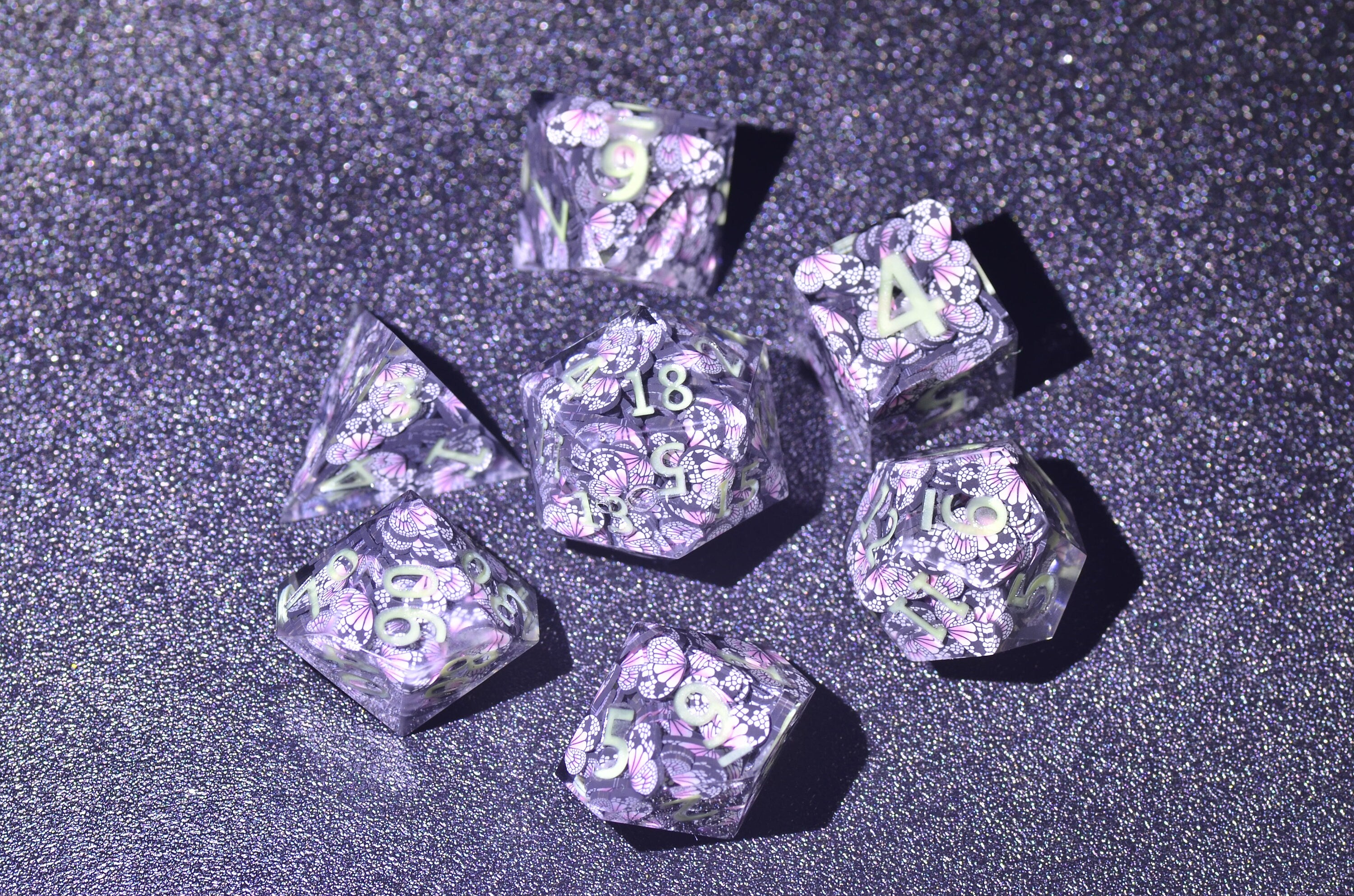 Luminous Butterfly DND Dice set,D&D Sharp Edge Glow in the dark dice,Dungeons and Dragons polyhedral Resin dice, RPG Game Handmade dice GIFT