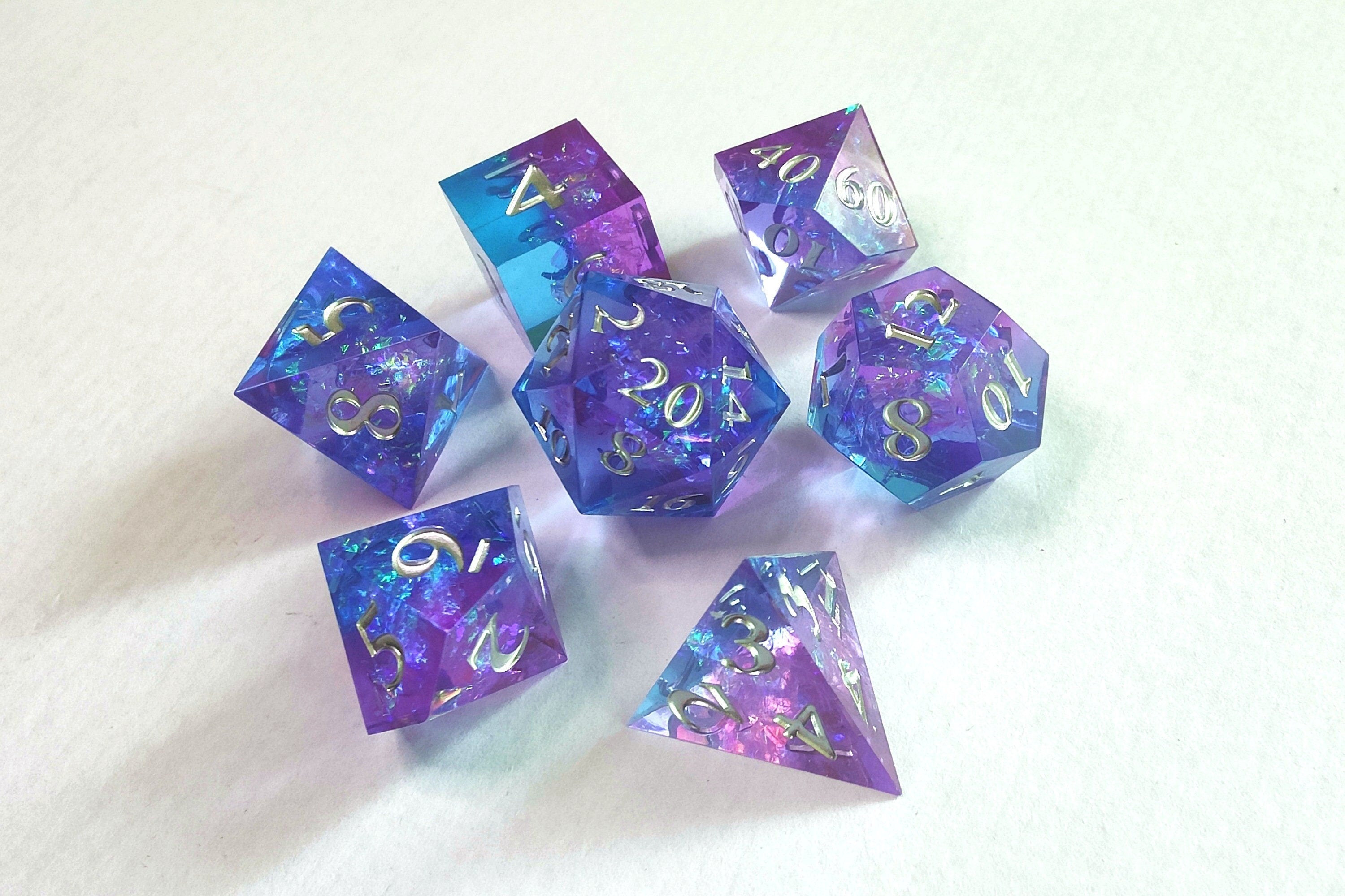 Blue-Pink Sharp Edge Resin Dice Set - Iridescent Galaxy Design - Perfect for Dungeons and Dragons and RPG Games