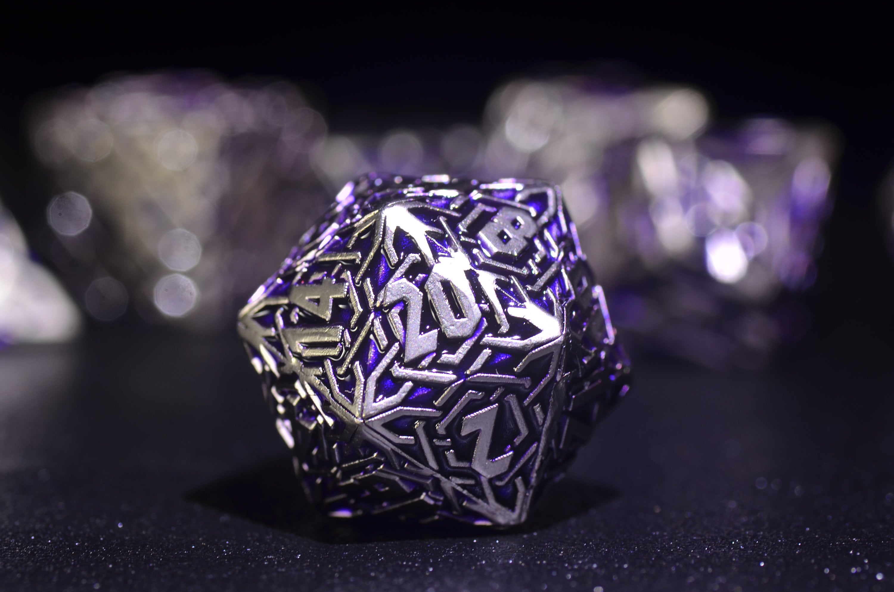 Purple Arcane Runic Metal Dice Set - Weighted DnD Dice Set with Amethyst and Mithril Design for Dungeons and Dragons