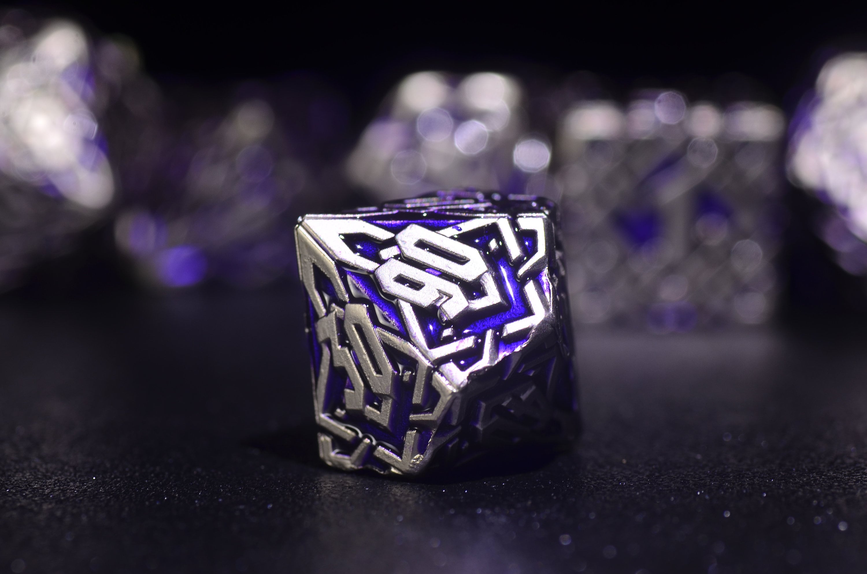 Purple Arcane Runic Metal Dice Set - Weighted DnD Dice Set with Amethyst and Mithril Design for Dungeons and Dragons