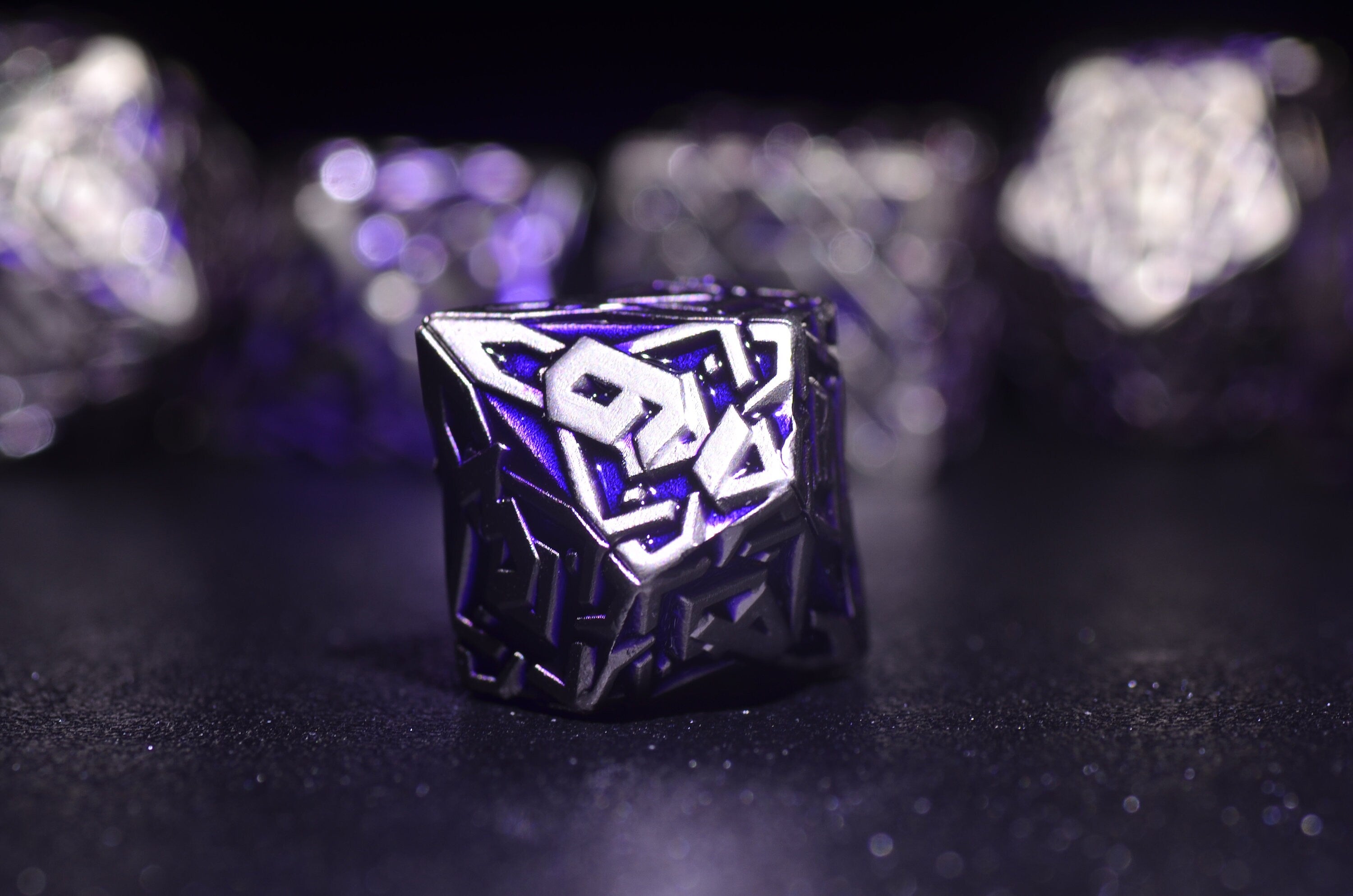 Purple Arcane Runic Metal Dice Set - Weighted DnD Dice Set with Amethyst and Mithril Design for Dungeons and Dragons