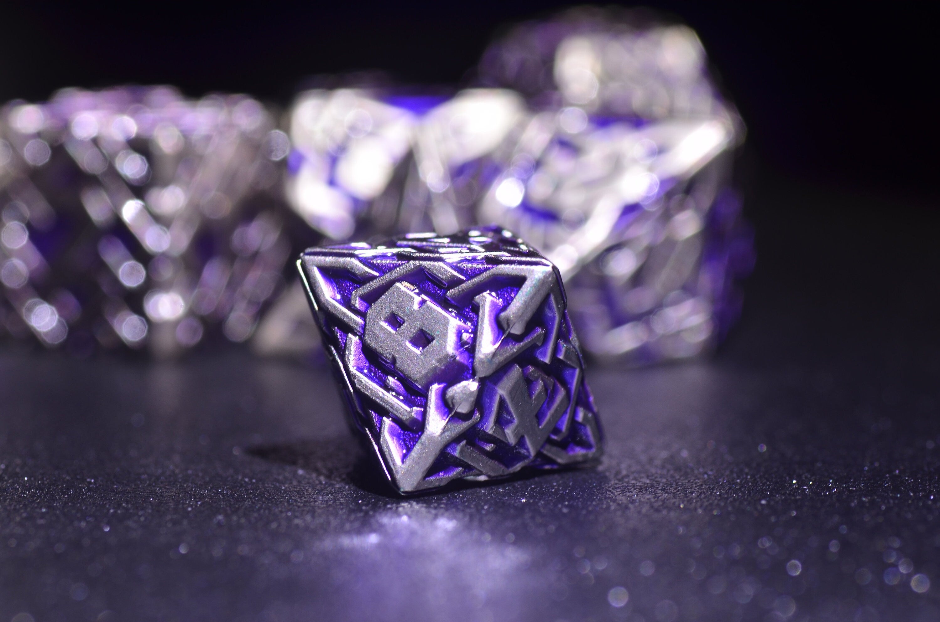 Purple Arcane Runic Metal Dice Set - Weighted DnD Dice Set with Amethyst and Mithril Design for Dungeons and Dragons