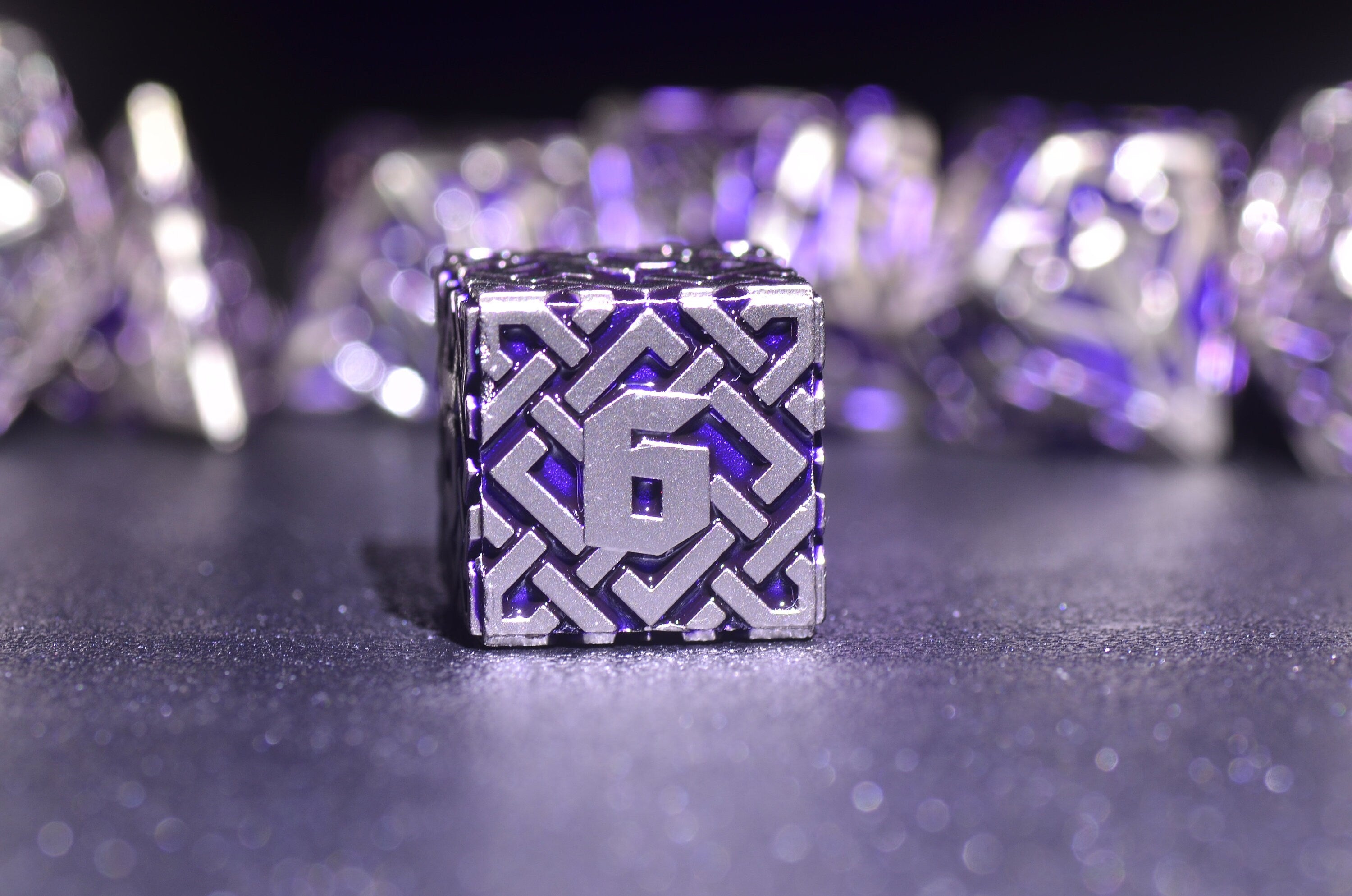 Purple Arcane Runic Metal Dice Set - Weighted DnD Dice Set with Amethyst and Mithril Design for Dungeons and Dragons