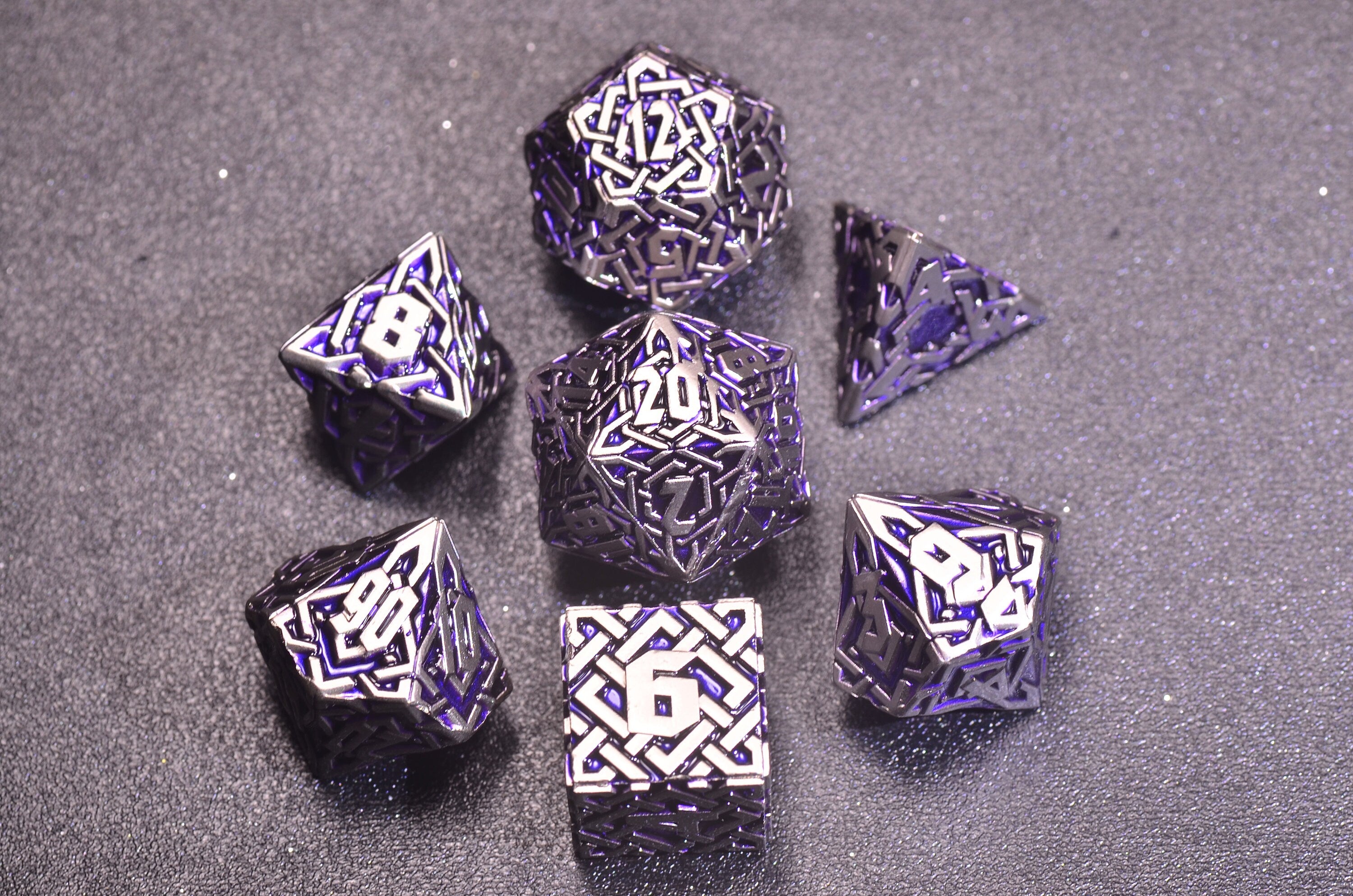 Purple Arcane Runic Metal Dice Set - Weighted DnD Dice Set with Amethyst and Mithril Design for Dungeons and Dragons