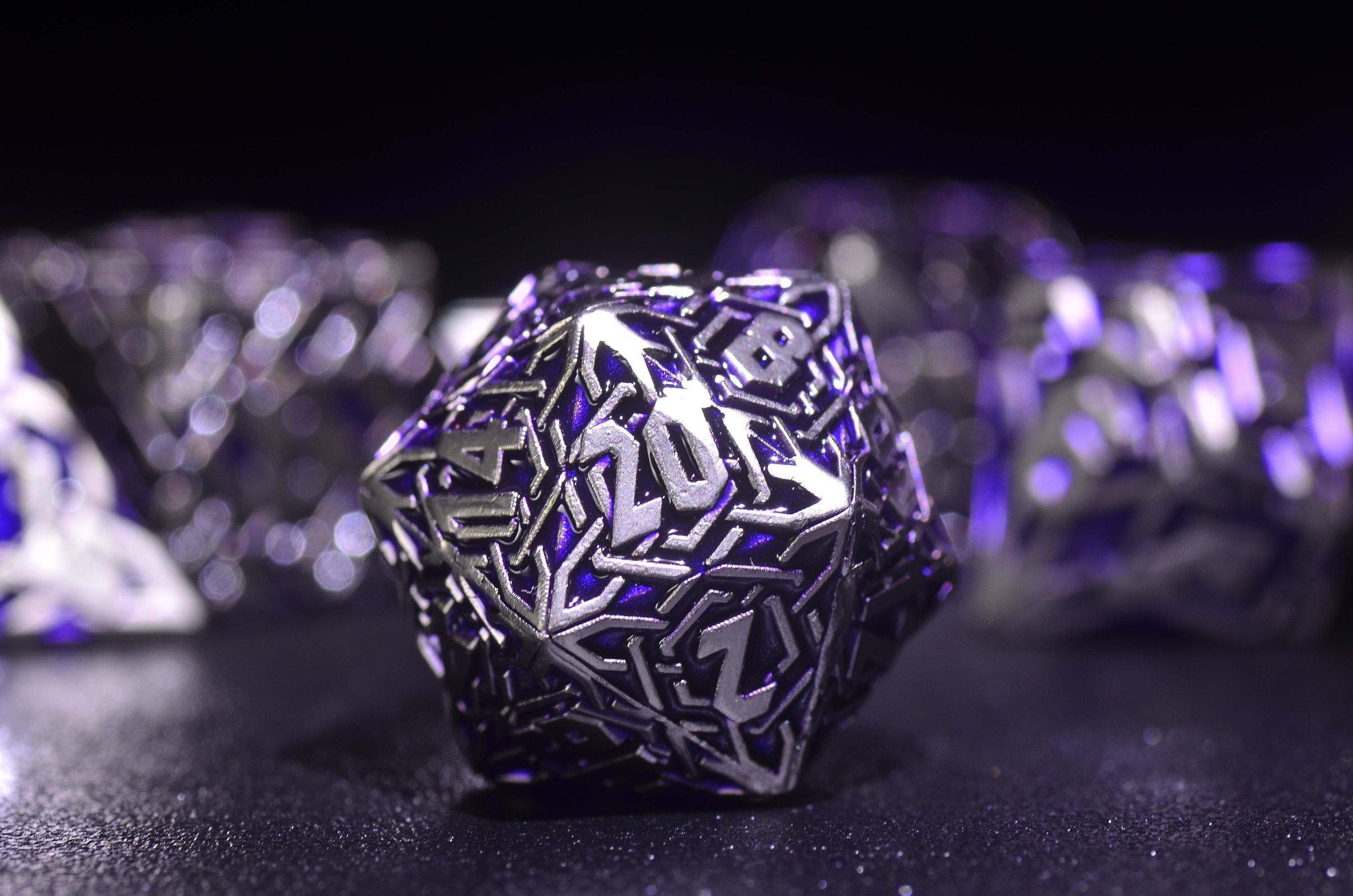 Purple Arcane Runic Metal Dice Set - Weighted DnD Dice Set with Amethyst and Mithril Design for Dungeons and Dragons
