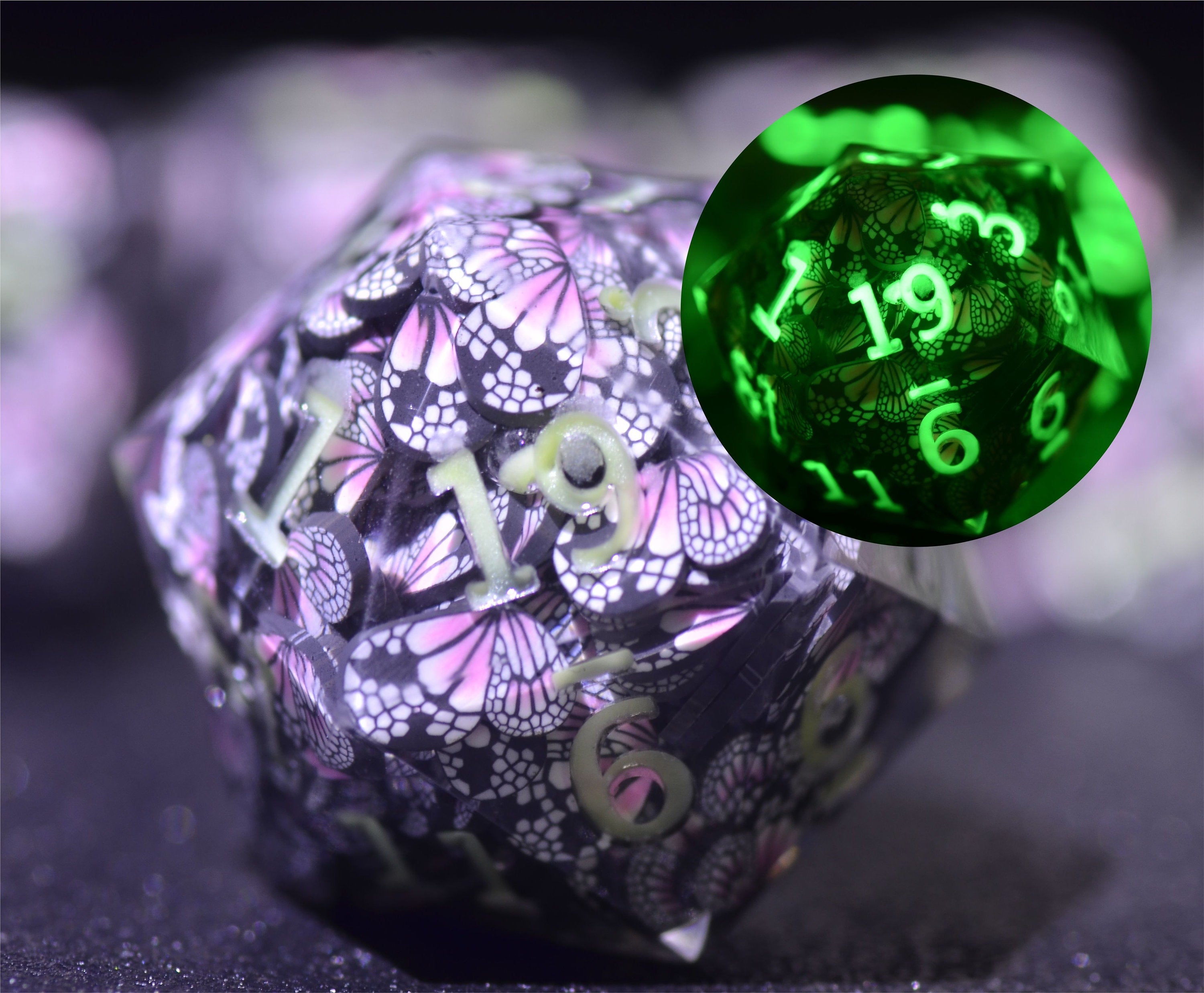 Luminous Butterfly DND Dice set,D&D Sharp Edge Glow in the dark dice,Dungeons and Dragons polyhedral Resin dice, RPG Game Handmade dice GIFT